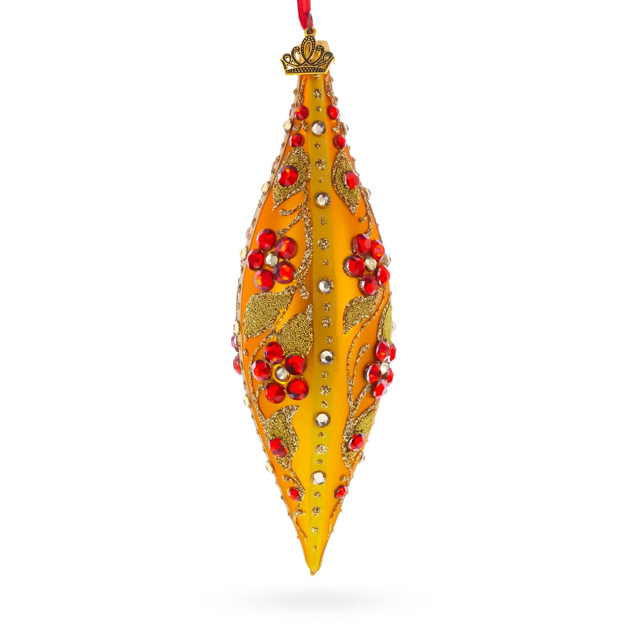 Gold and Red Floral Jeweled Elongated Pointed Teardrop Finial Glass Christmas Ornament