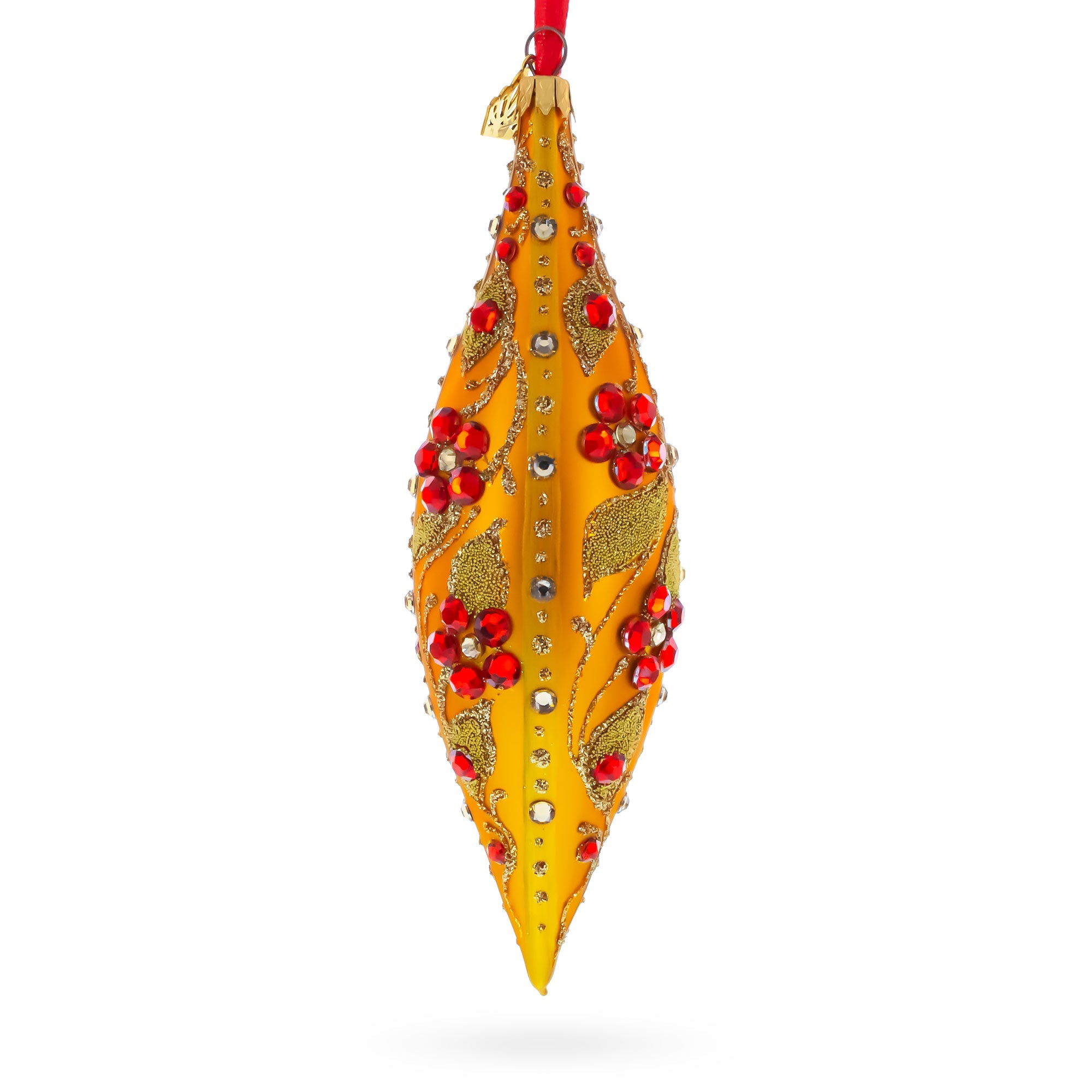 Gold and Red Floral Jeweled Elongated Pointed Teardrop Finial Glass Christmas Ornament