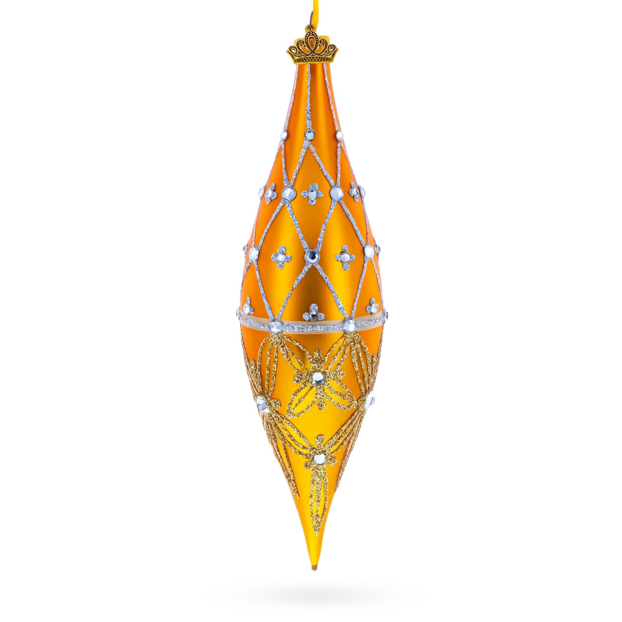 Golden Lattice and Floral Pattern Jeweled Elongated Pointed Teardrop Finial Glass Christmas Ornament
