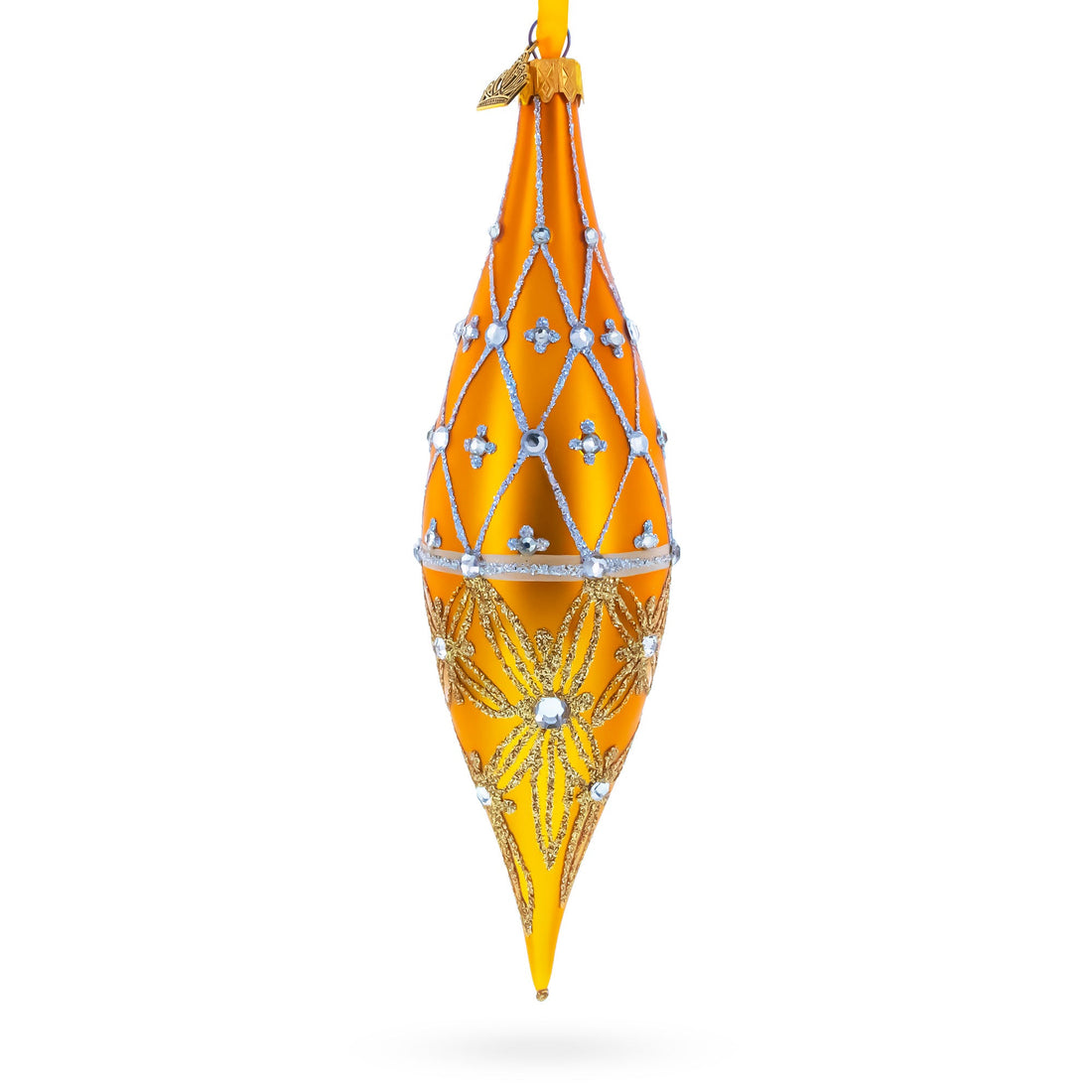 Golden Lattice and Floral Pattern Jeweled Elongated Pointed Teardrop Finial Glass Christmas Ornament