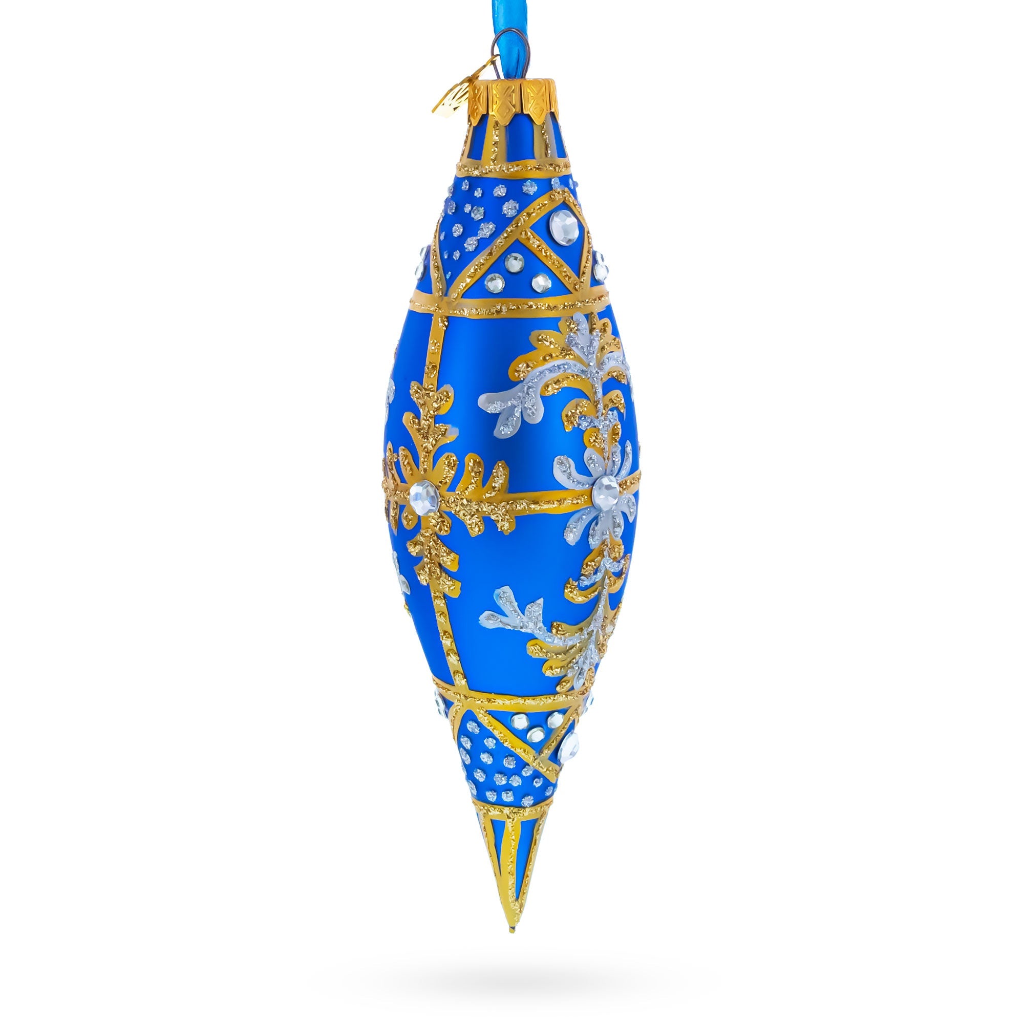 Royal Blue and Gold Snowflake Jeweled Elongated Pointed Teardrop Finial Glass Christmas Ornament