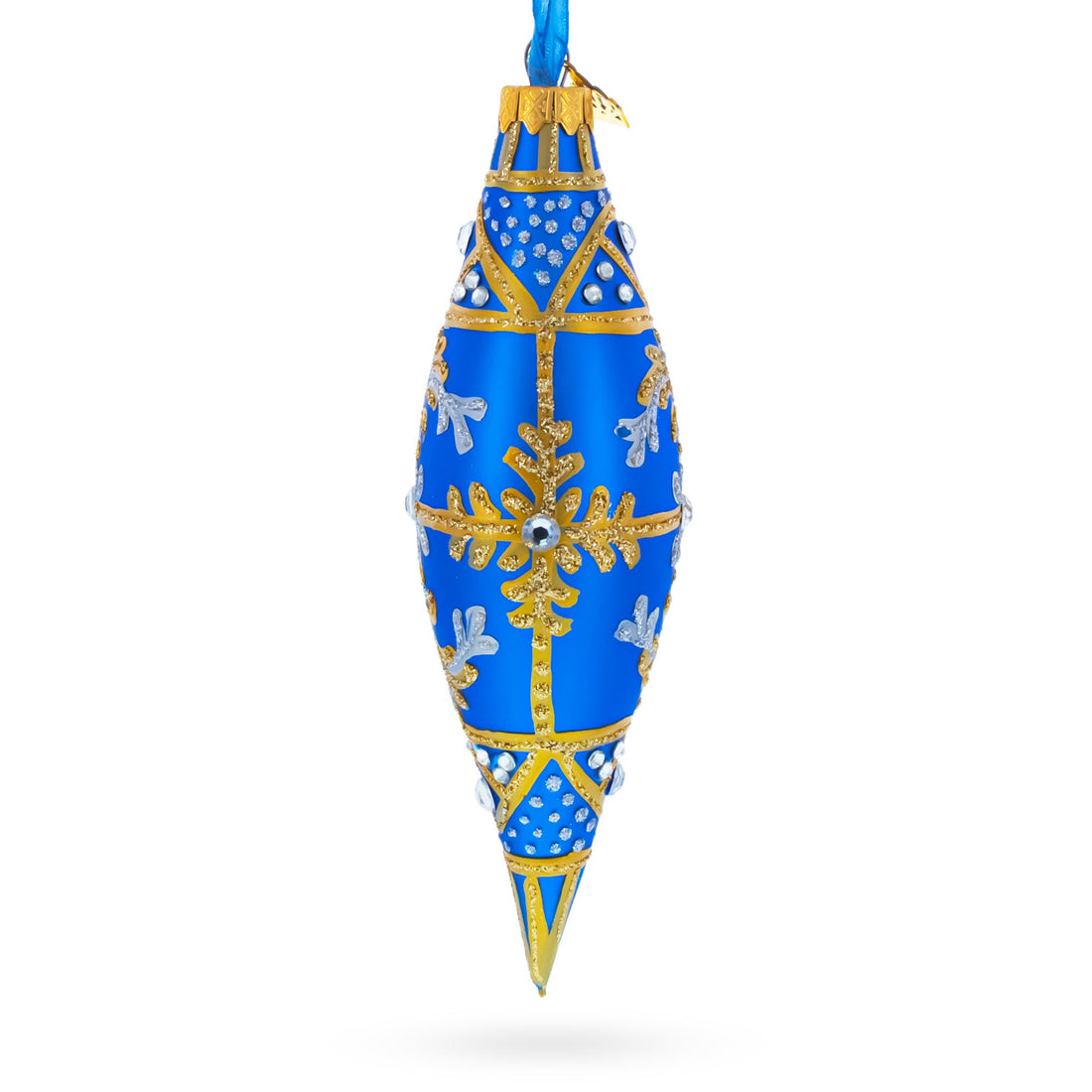 Royal Blue and Gold Snowflake Jeweled Elongated Pointed Teardrop Finial Glass Christmas Ornament