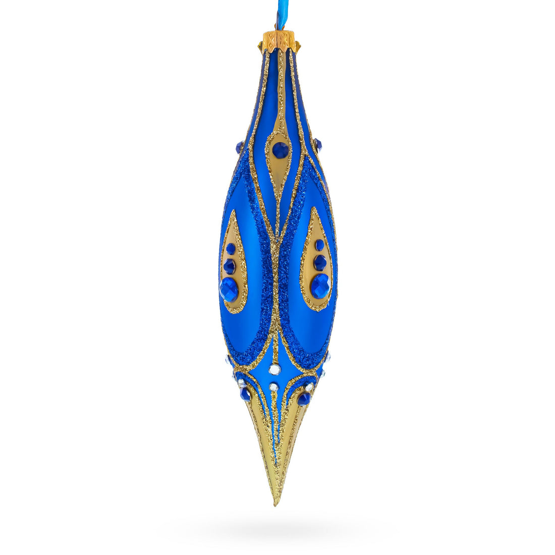 Royal Blue and Gold Jeweled Elongated Pointed Teardrop Finial Glass Christmas Ornament
