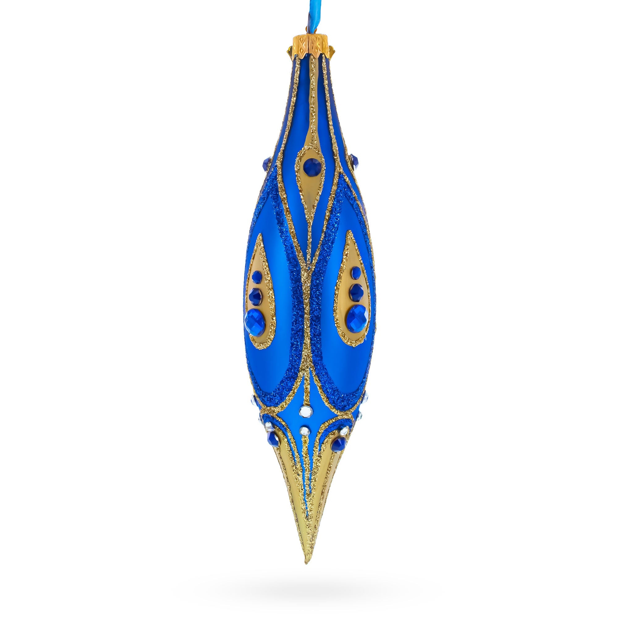 Royal Blue and Gold Jeweled Elongated Pointed Teardrop Finial Glass Christmas Ornament