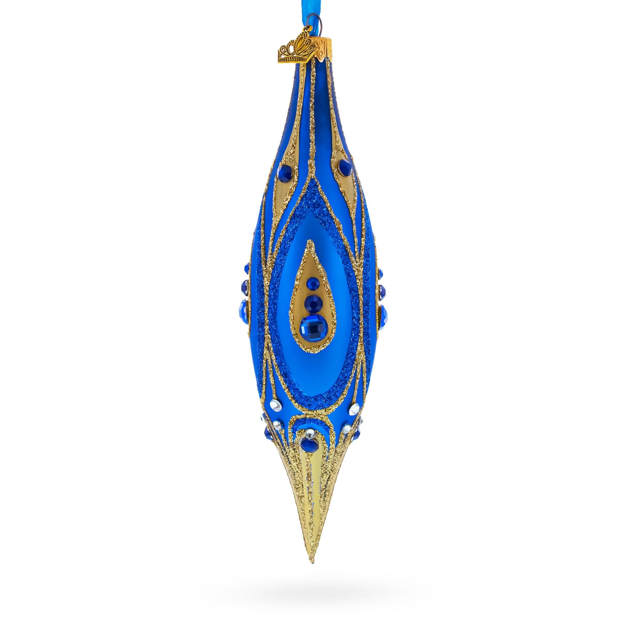 Royal Blue and Gold Jeweled Elongated Pointed Teardrop Finial Glass Christmas Ornament
