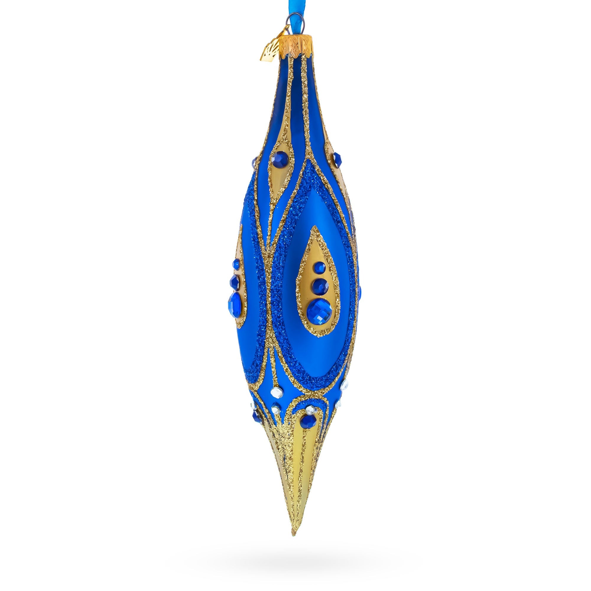 Royal Blue and Gold Jeweled Elongated Pointed Teardrop Finial Glass Christmas Ornament