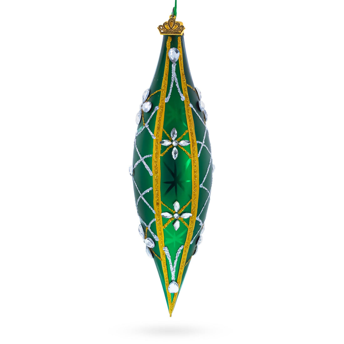 Emerald Jeweled Lattice Elongated Pointed Teardrop Finial Glass Christmas Ornament