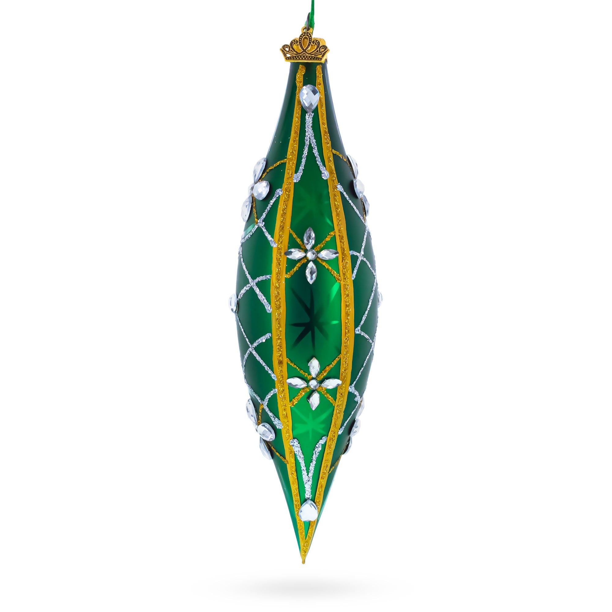 Emerald Jeweled Lattice Elongated Pointed Teardrop Finial Glass Christmas Ornament