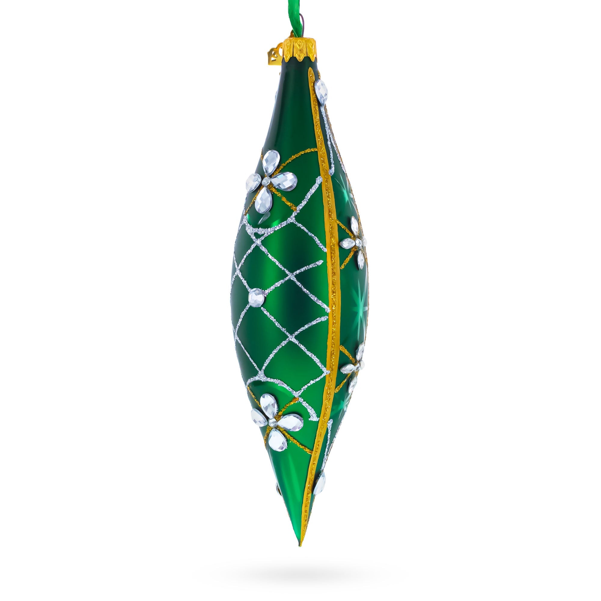 Emerald Jeweled Lattice Elongated Pointed Teardrop Finial Glass Christmas Ornament