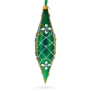Emerald Jeweled Lattice Elongated Pointed Teardrop Finial Glass Christmas Ornament