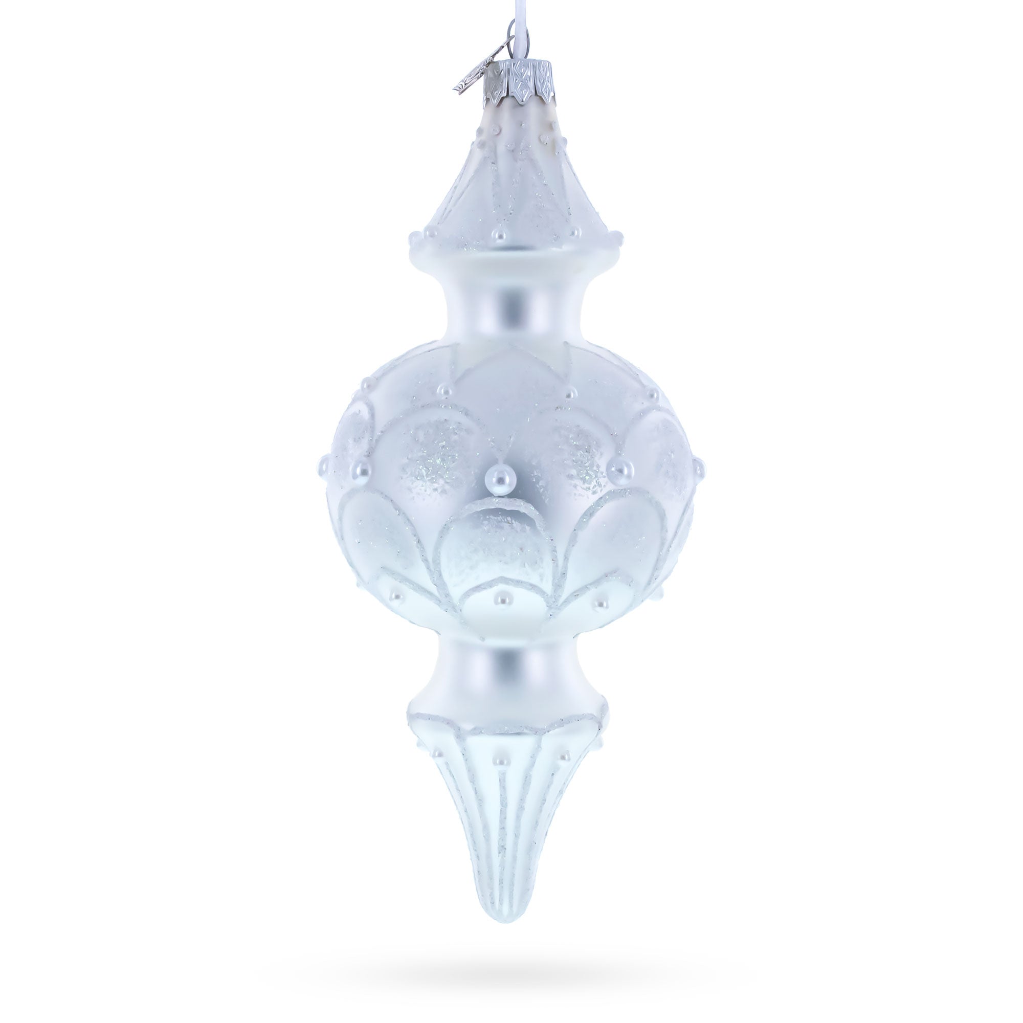 Snowy Pearl Double-Ended Finial Drop Glass Christmas Ornament