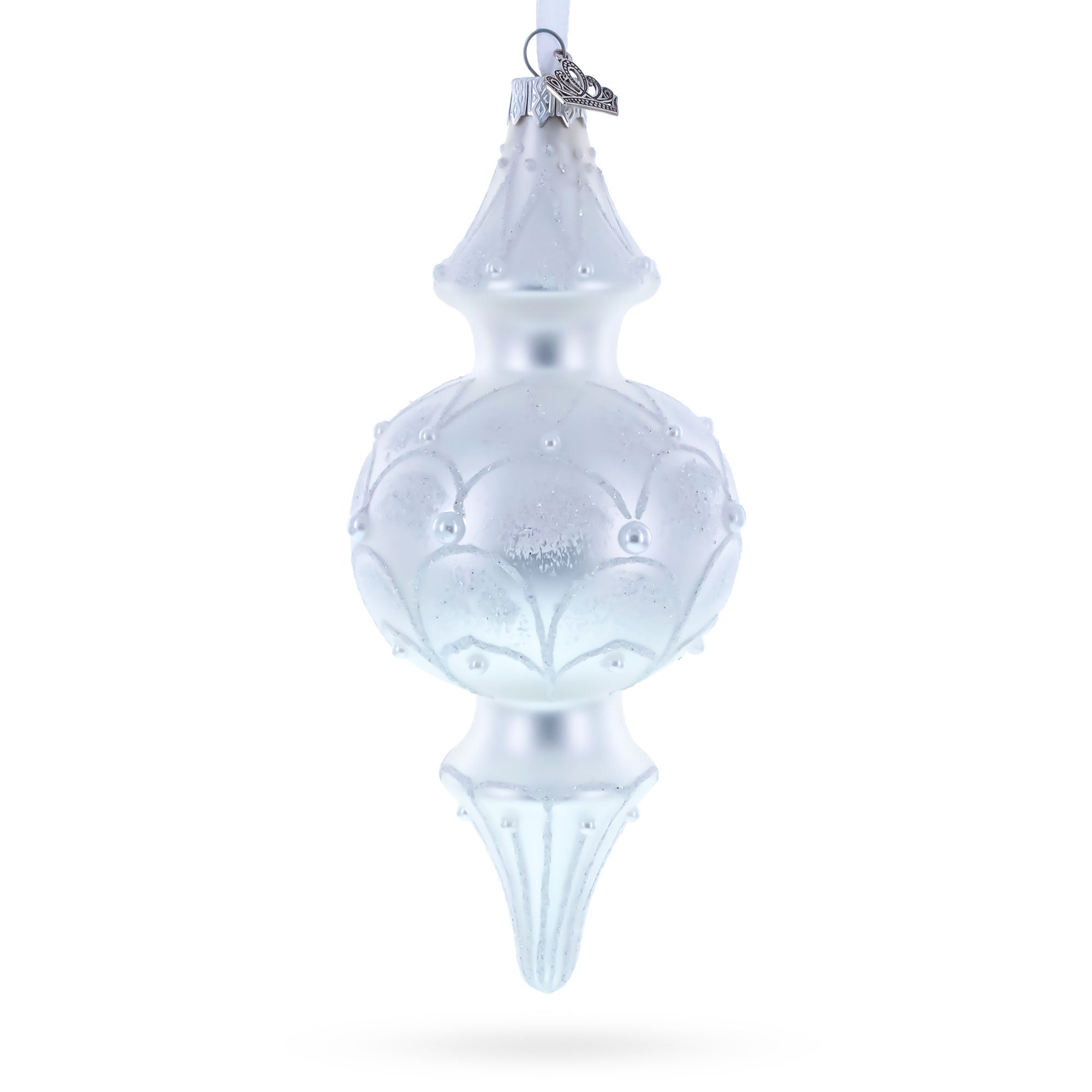 Snowy Pearl Double-Ended Finial Drop Glass Christmas Ornament