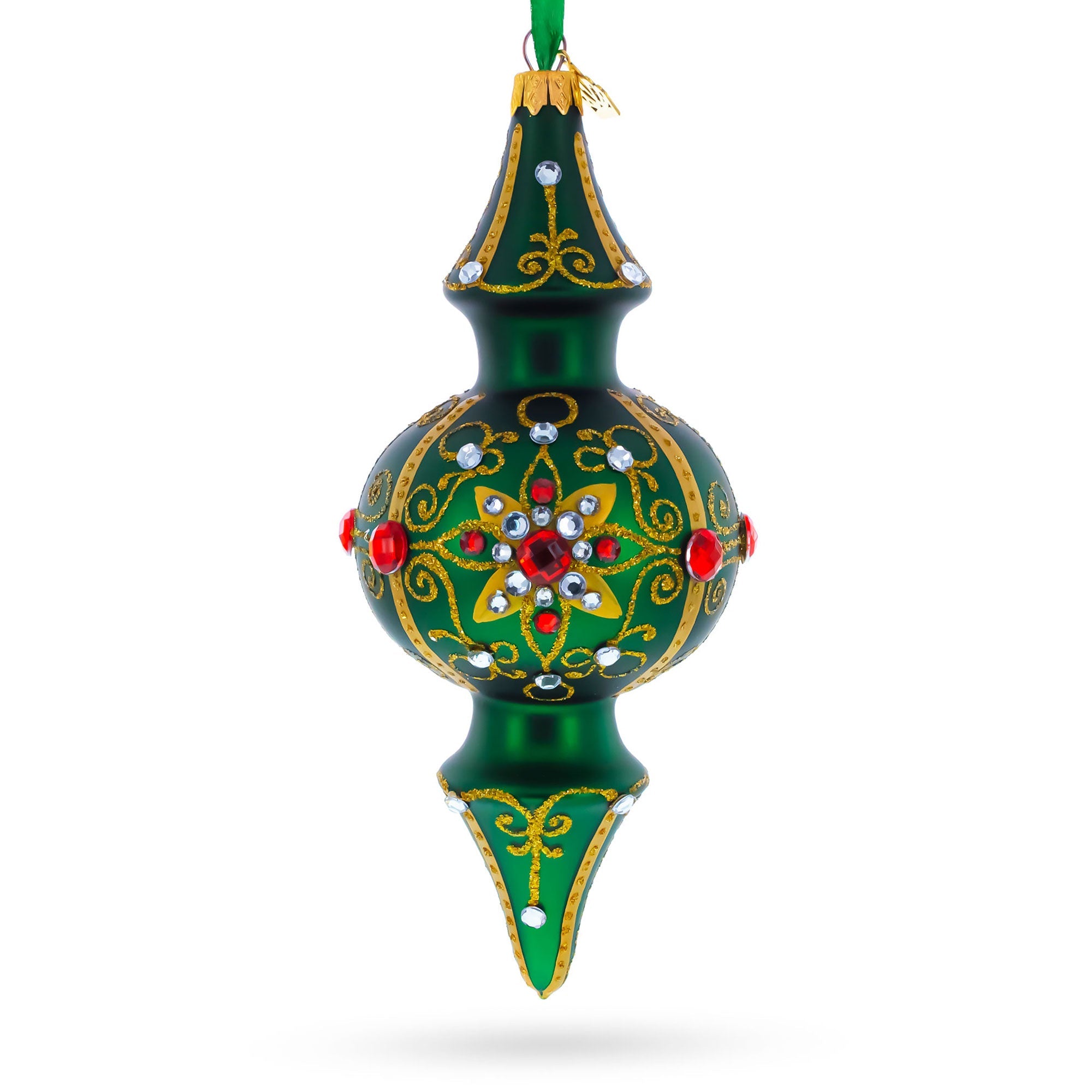 Emerald Baroque Jeweled Double-Ended Finial Drop Glass Christmas Ornament