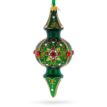 Emerald Baroque Jeweled Double-Ended Finial Drop Glass Christmas Ornament