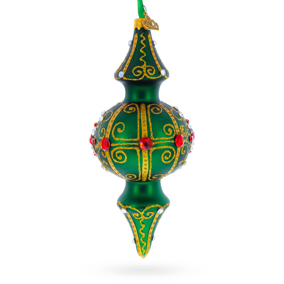 Emerald Baroque Jeweled Double-Ended Finial Drop Glass Christmas Ornament
