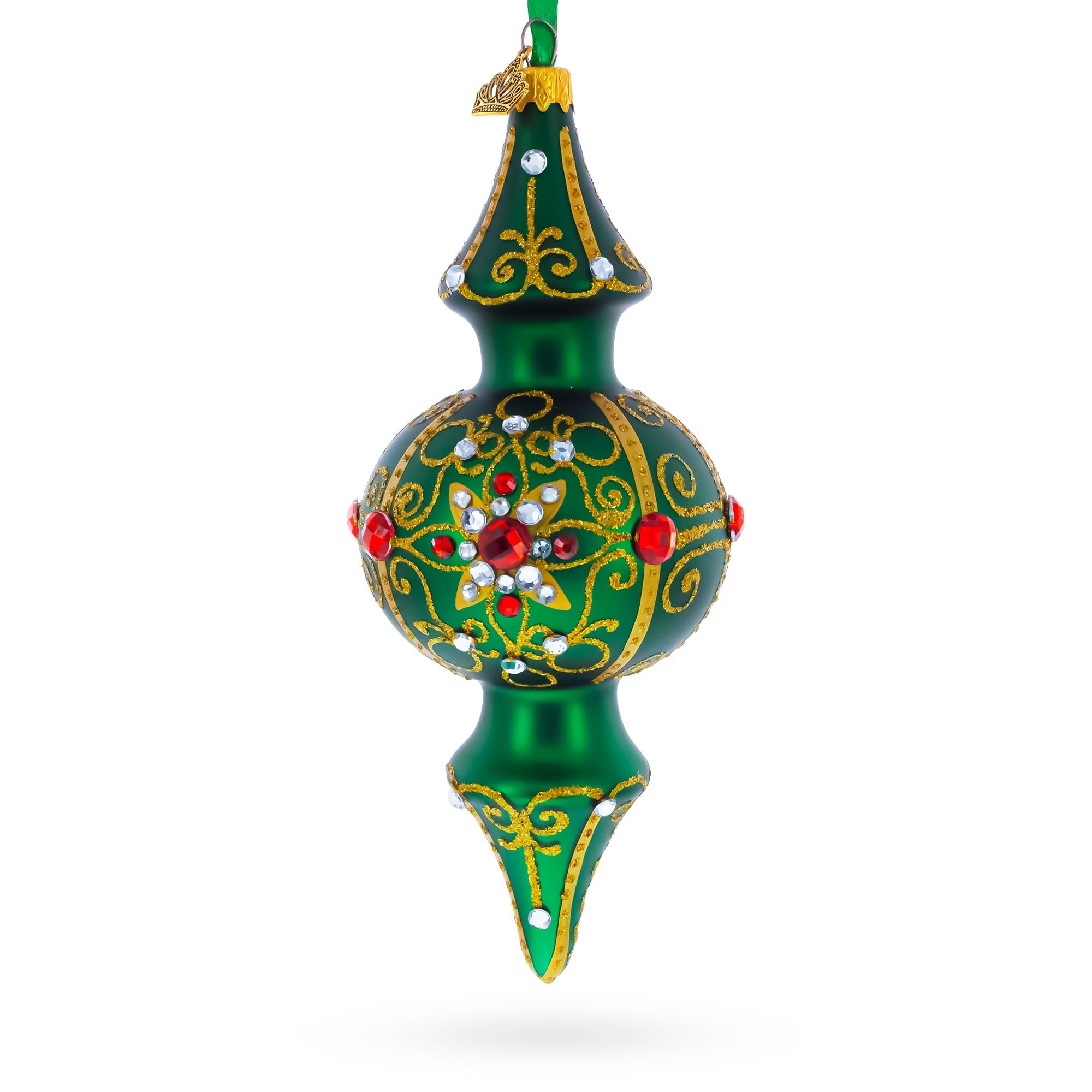 Emerald Baroque Jeweled Double-Ended Finial Drop Glass Christmas Ornament