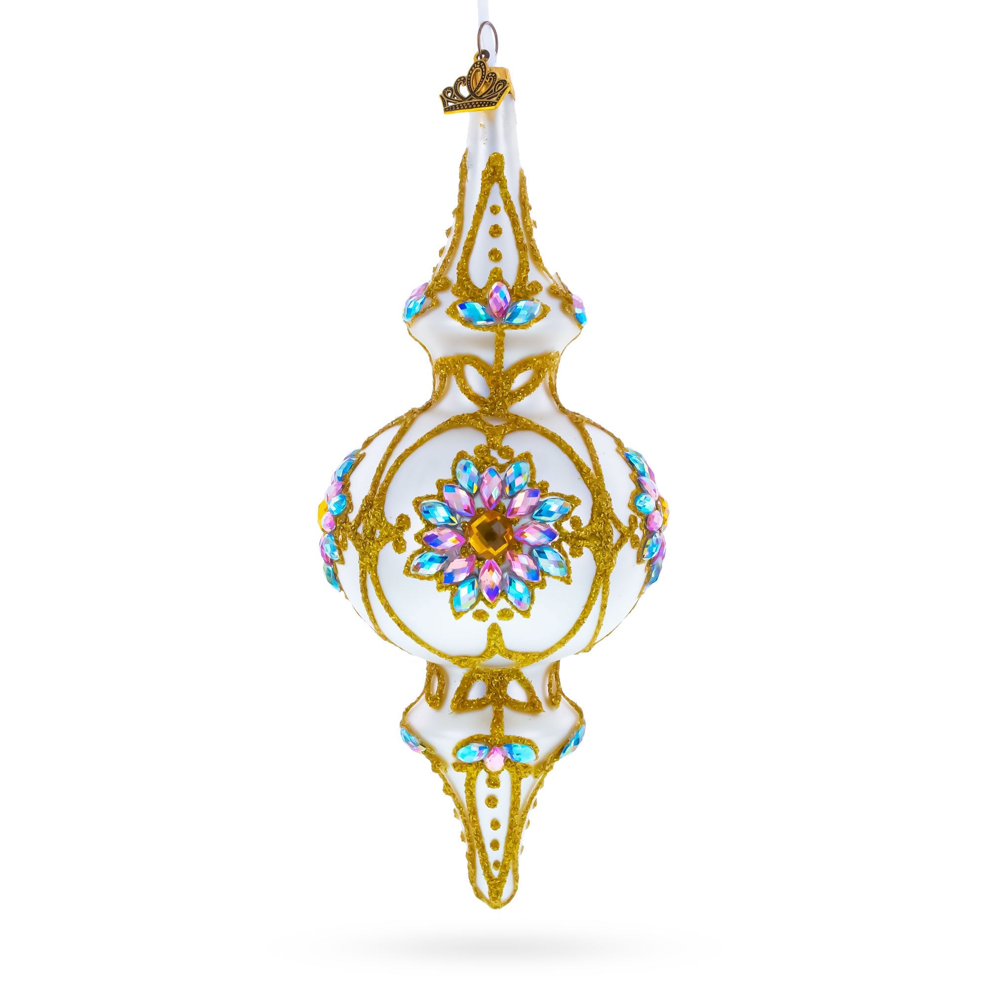 Pearl White Baroque Double-Ended Finial Drop Glass Christmas Ornament
