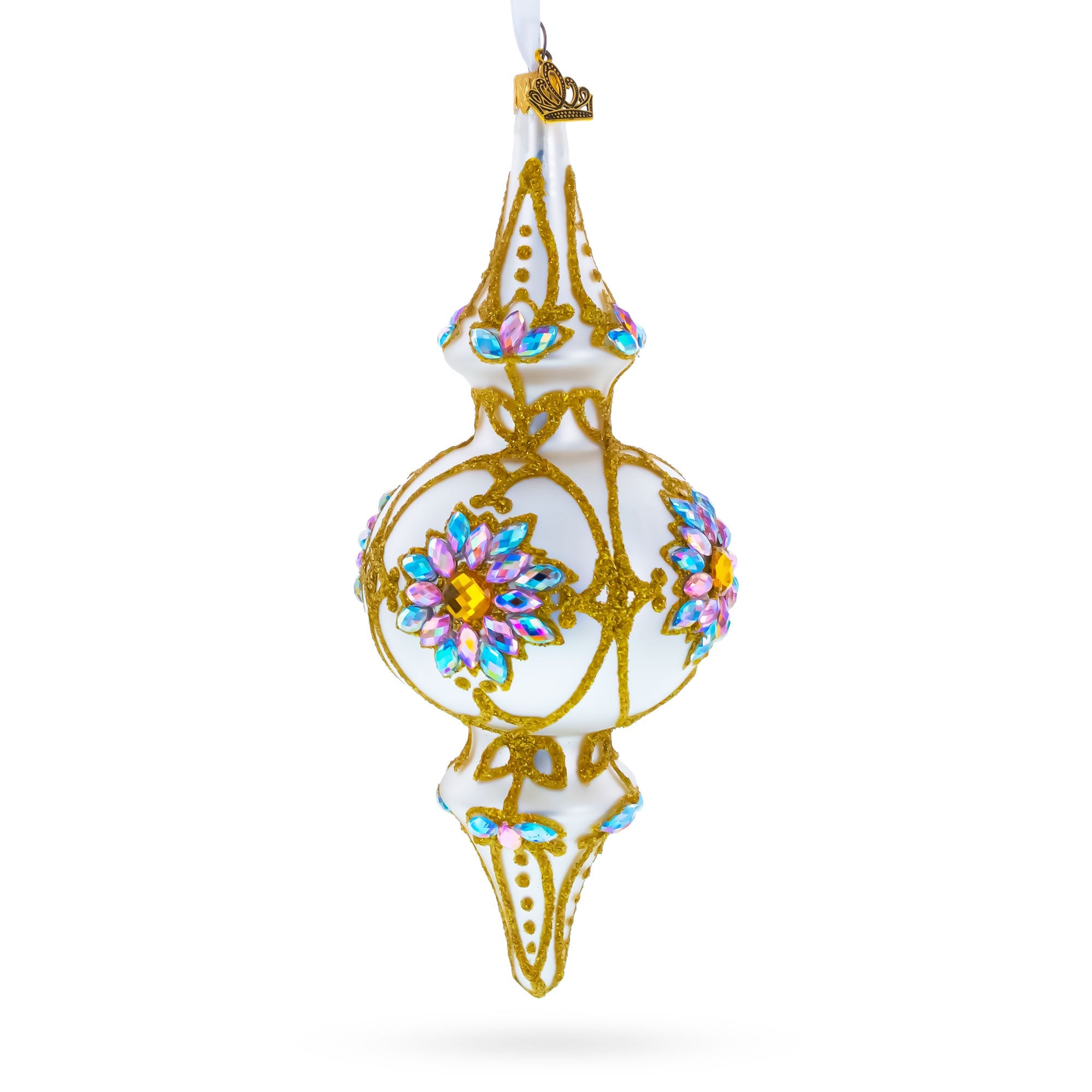 Pearl White Baroque Double-Ended Finial Drop Glass Christmas Ornament