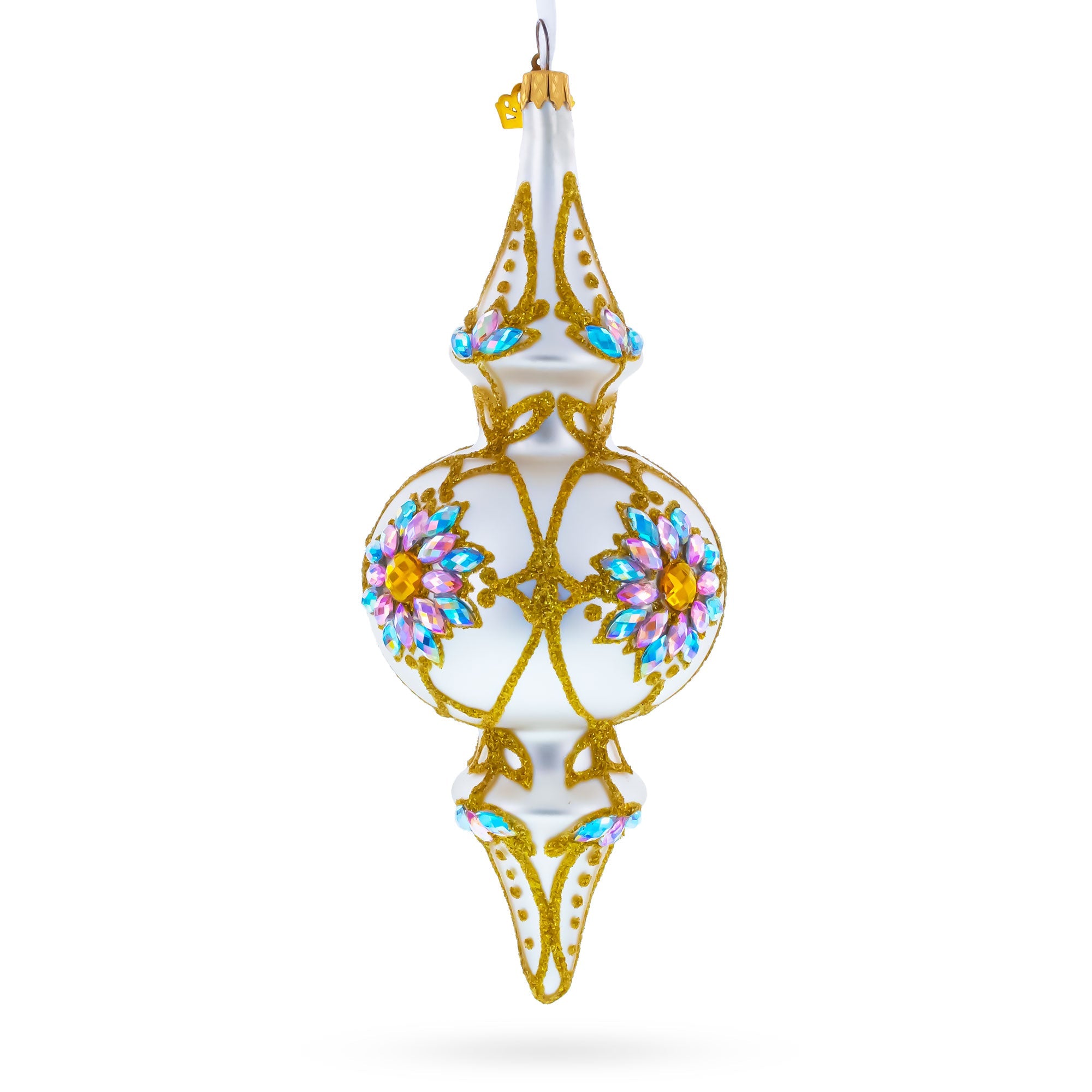 Pearl White Baroque Double-Ended Finial Drop Glass Christmas Ornament