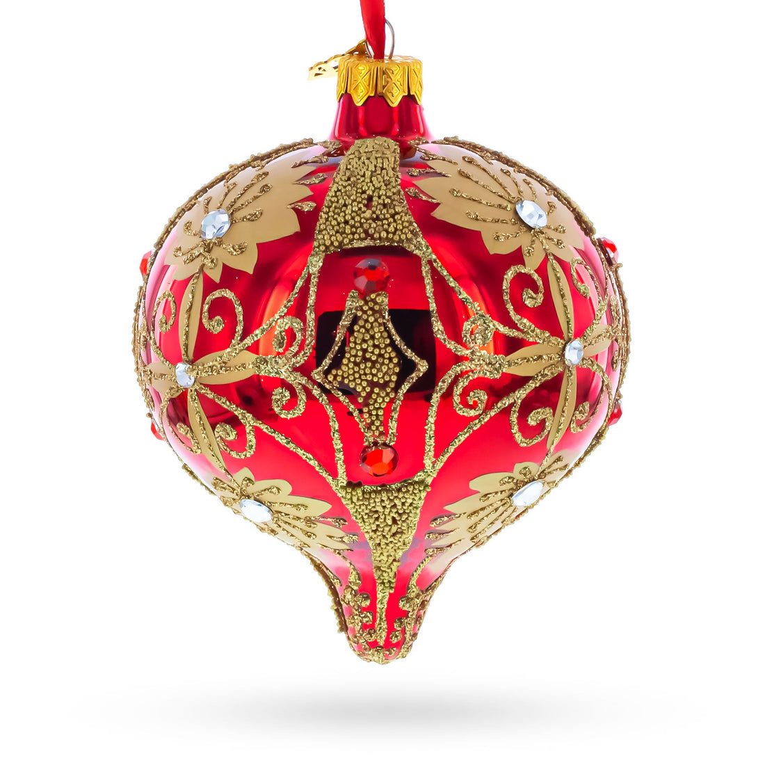 Regal Red & Gold Scrollwork Jeweled Onion-Shape Finial Glass Christmas Ornament