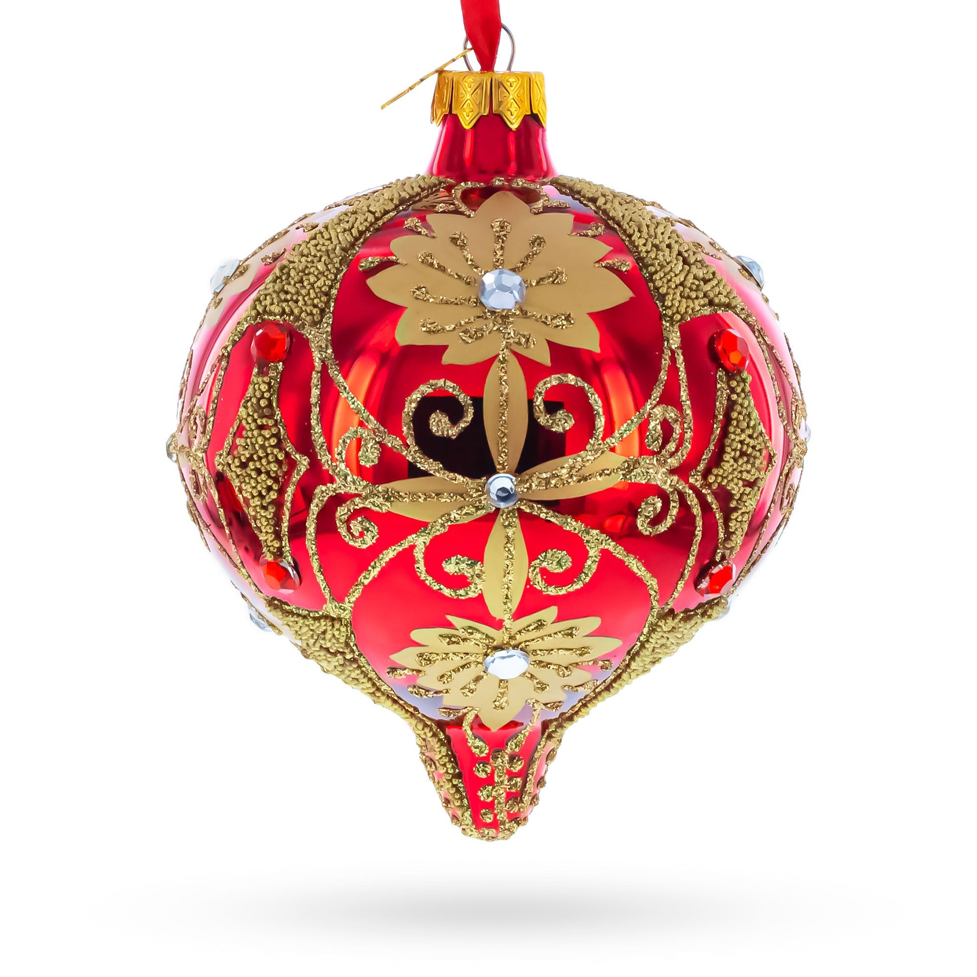 Regal Red & Gold Scrollwork Jeweled Onion-Shape Finial Glass Christmas Ornament