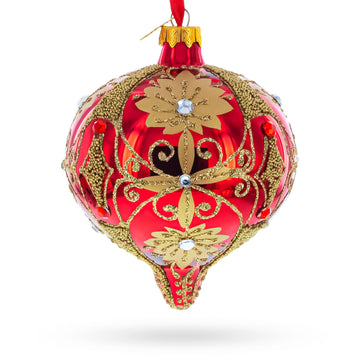 Regal Red & Gold Scrollwork Jeweled Onion-Shape Finial Glass Christmas Ornament