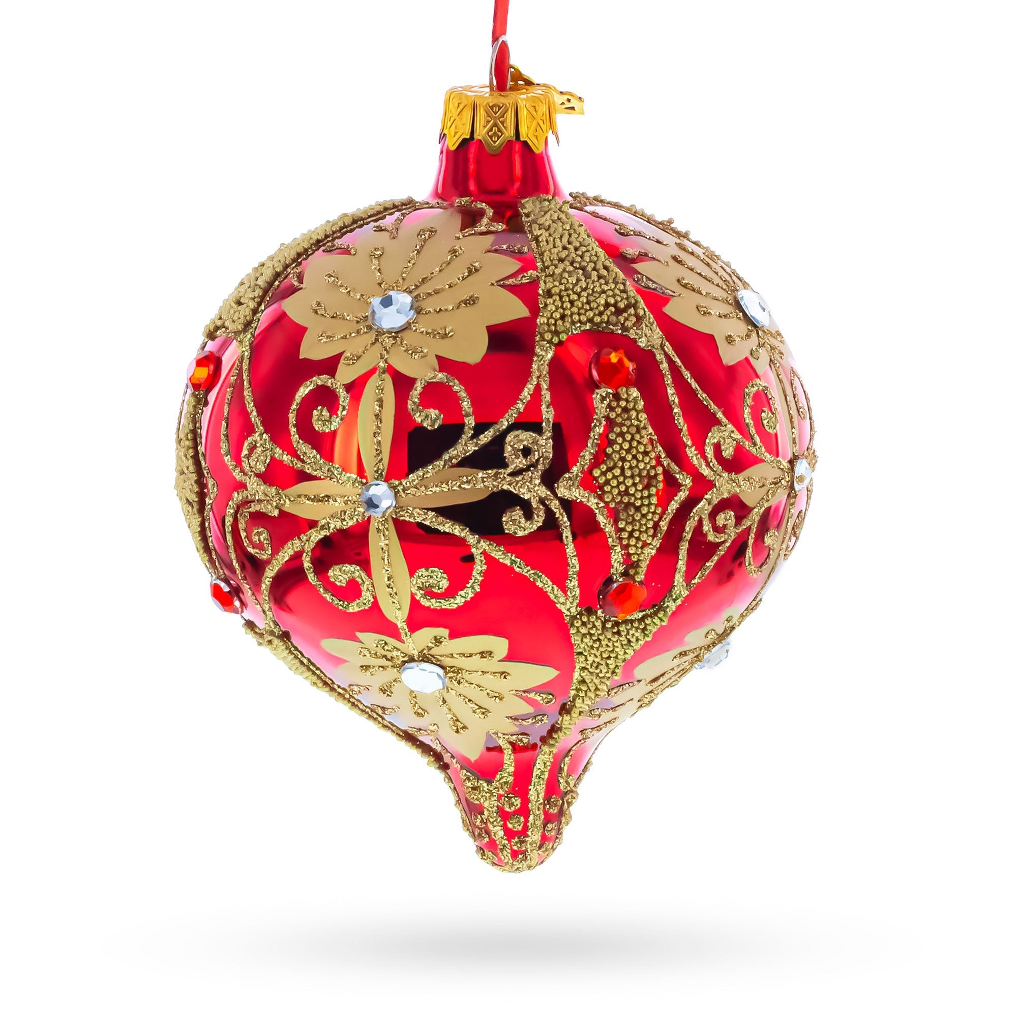 Regal Red & Gold Scrollwork Jeweled Onion-Shape Finial Glass Christmas Ornament