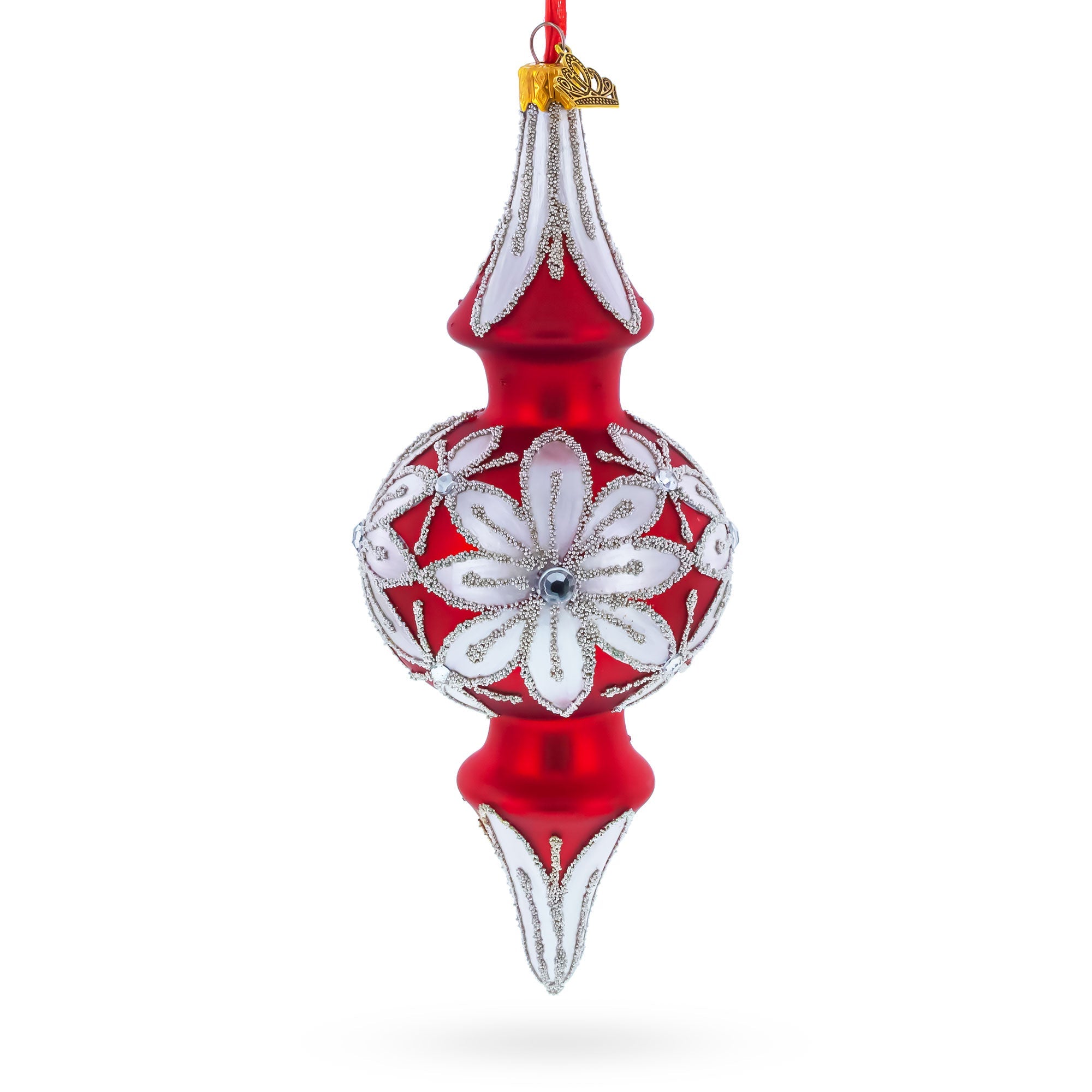 Silver Jeweled Poinsettia Bloom Double-Ended Finial Drop Glass Christmas Ornament