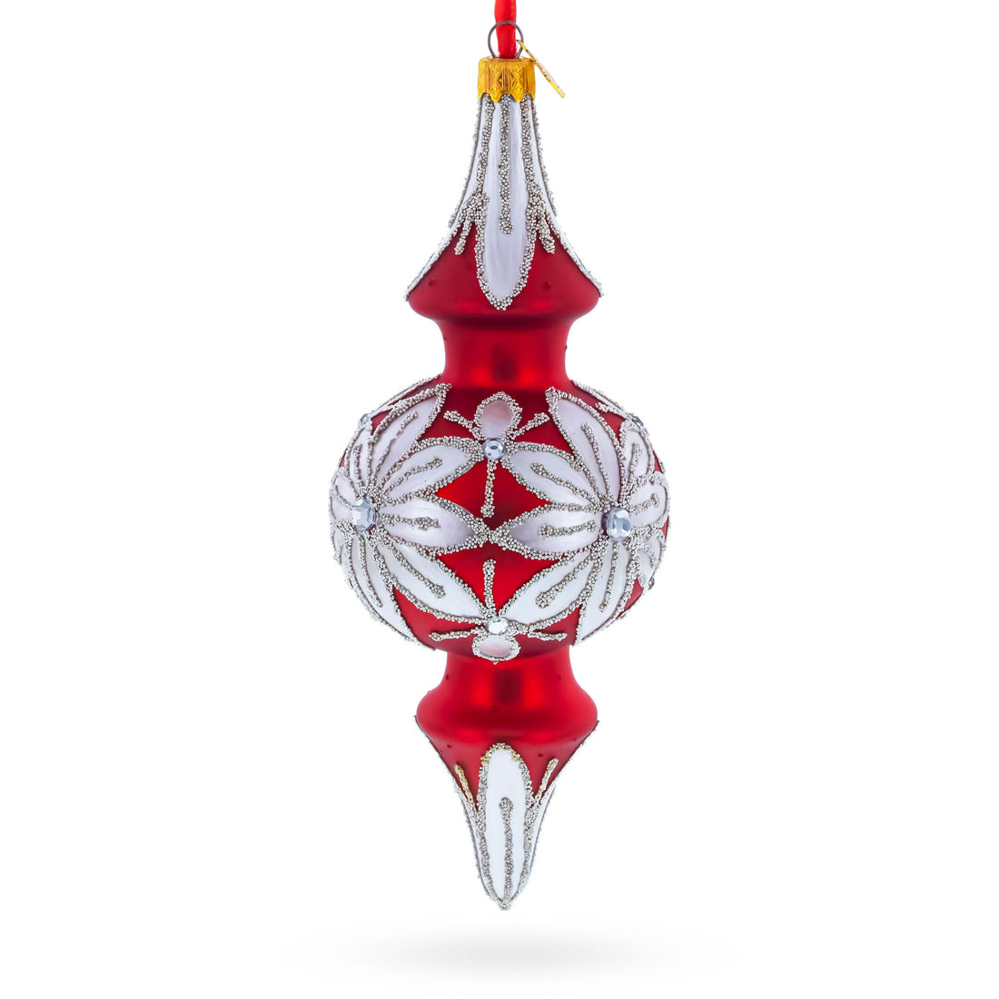 Silver Jeweled Poinsettia Bloom Double-Ended Finial Drop Glass Christmas Ornament