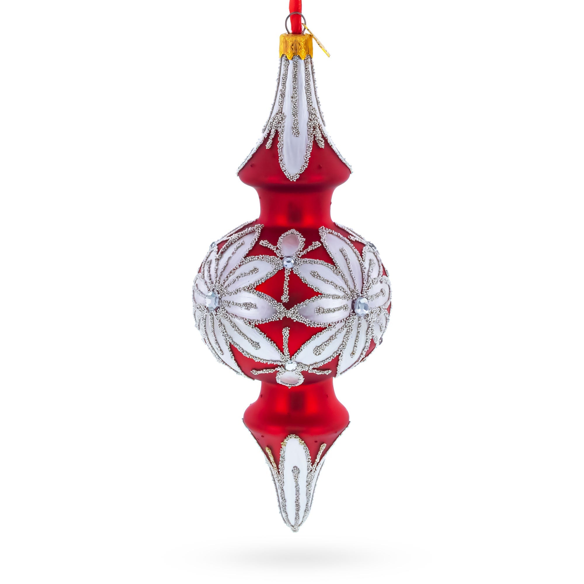 Silver Jeweled Poinsettia Bloom Double-Ended Finial Drop Glass Christmas Ornament