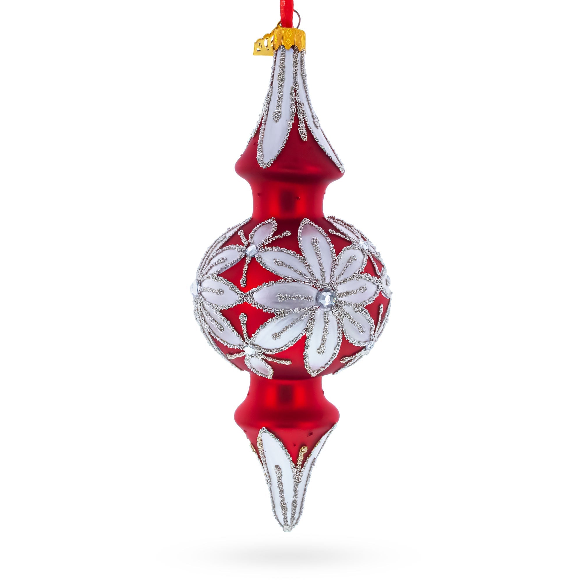 Silver Jeweled Poinsettia Bloom Double-Ended Finial Drop Glass Christmas Ornament