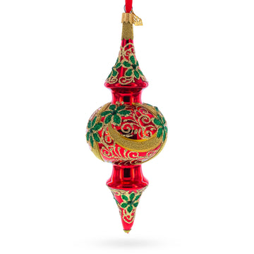 Holly & Gold Scroll Double-Ended Finial Drop Glass Christmas Ornament