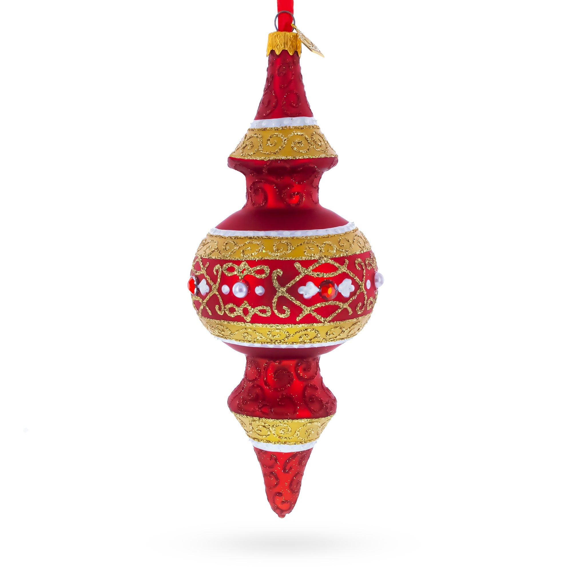 Golden Scroll & Pearl Trim Double-Ended Finial Drop Glass Christmas Ornament