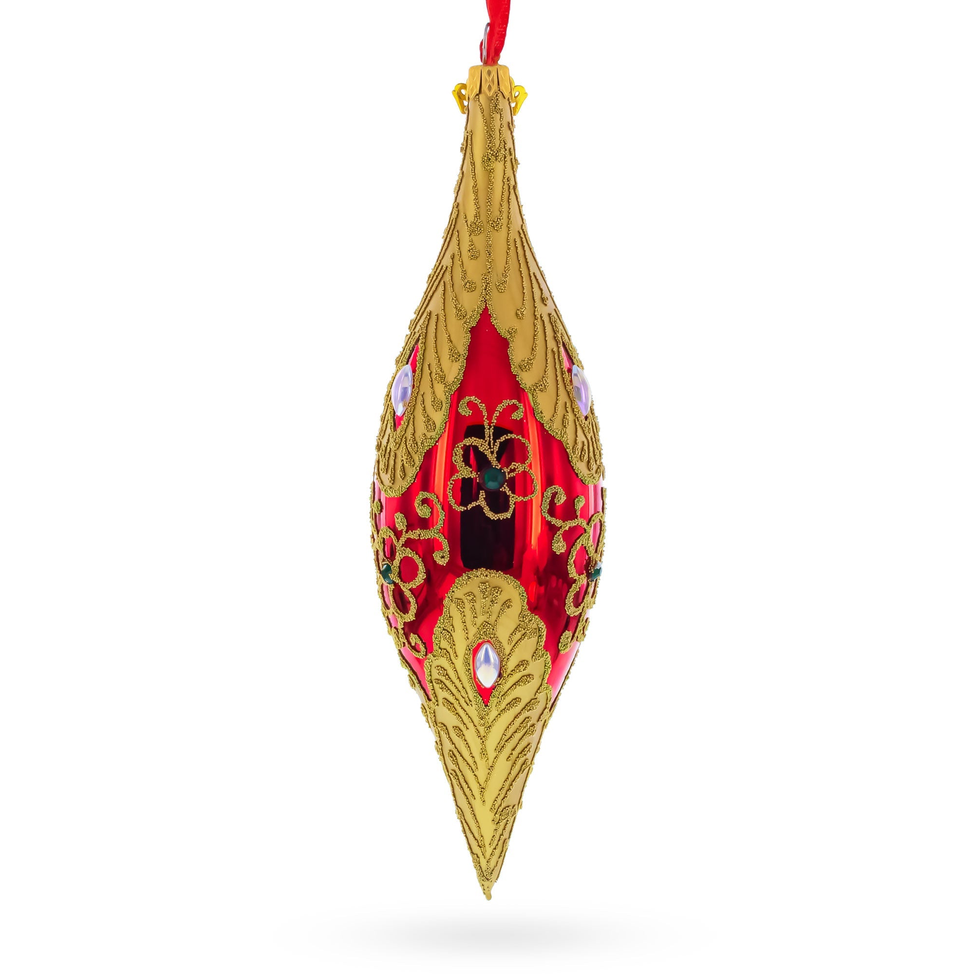 Gilded Petal & Pearl Elongated Pointed Teardrop Finial Glass Christmas Ornament
