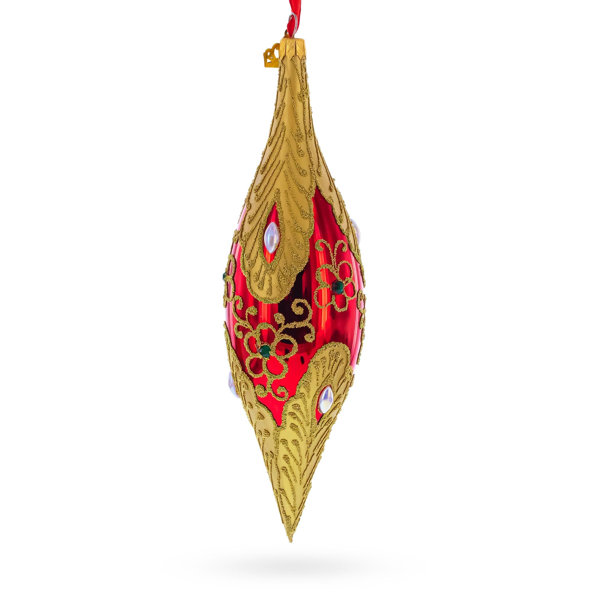 Gilded Petal & Pearl Elongated Pointed Teardrop Finial Glass Christmas Ornament