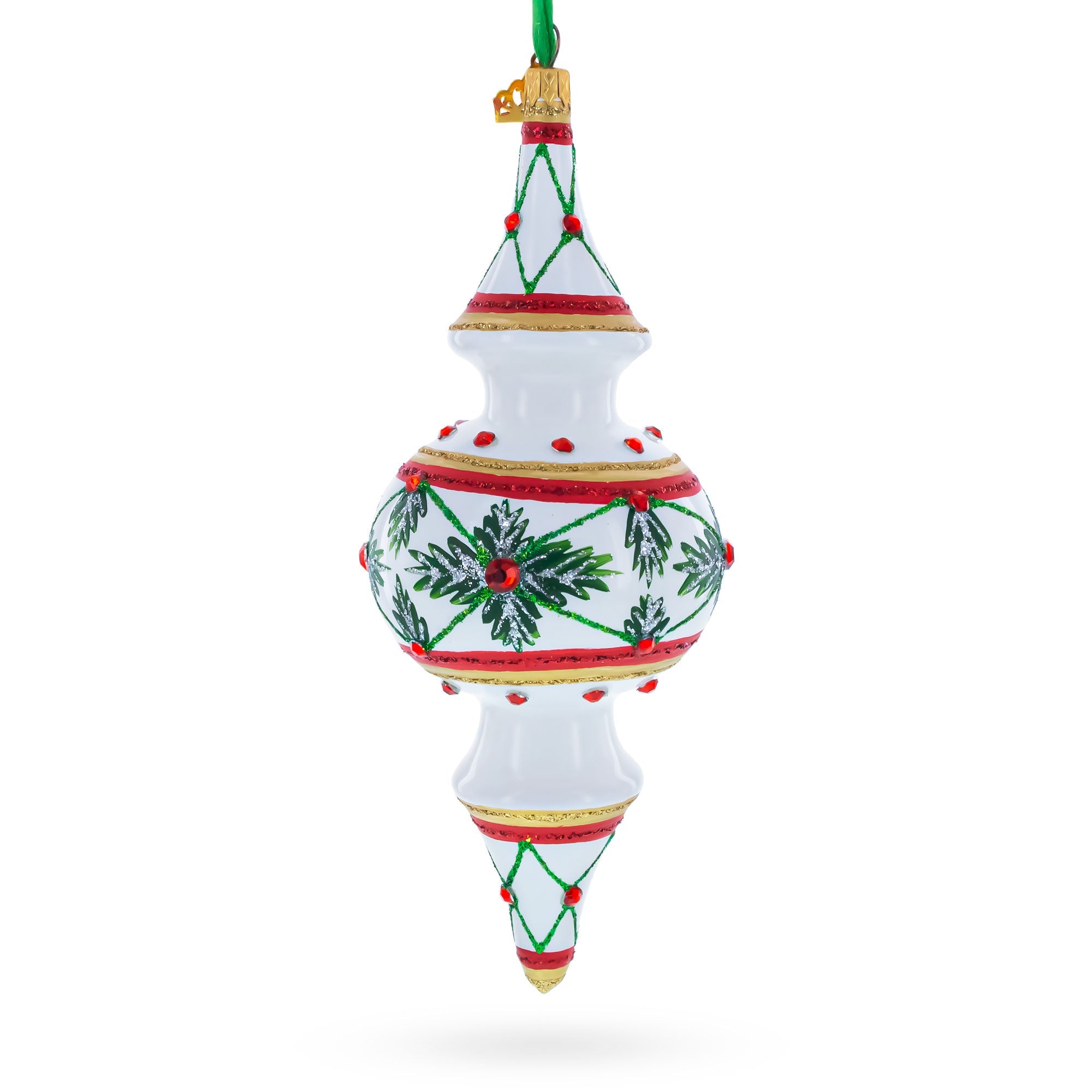 Winter Lattice & Holly Star Jeweled Double-Ended Finial Drop Glass Christmas Ornament