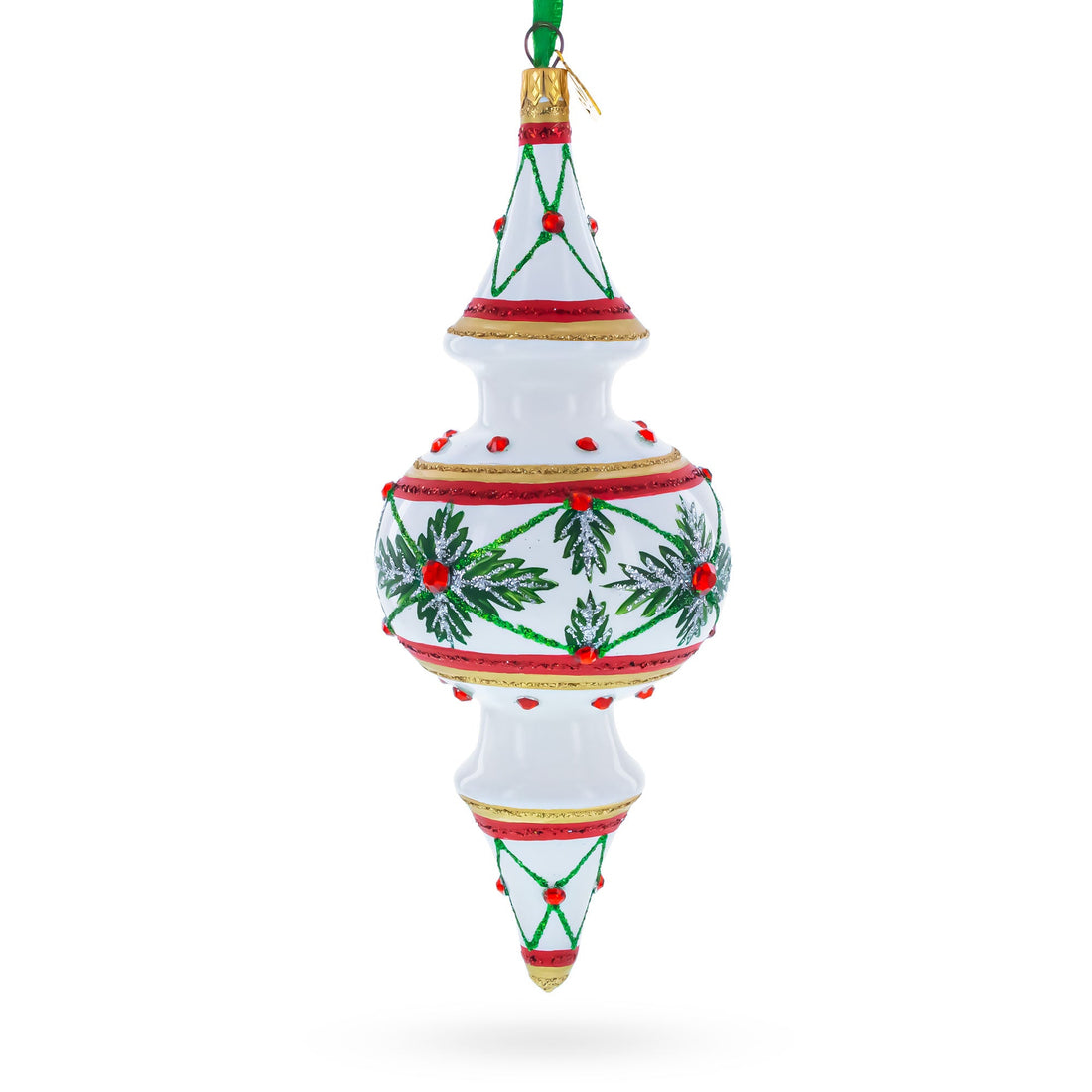 Winter Lattice & Holly Star Jeweled Double-Ended Finial Drop Glass Christmas Ornament