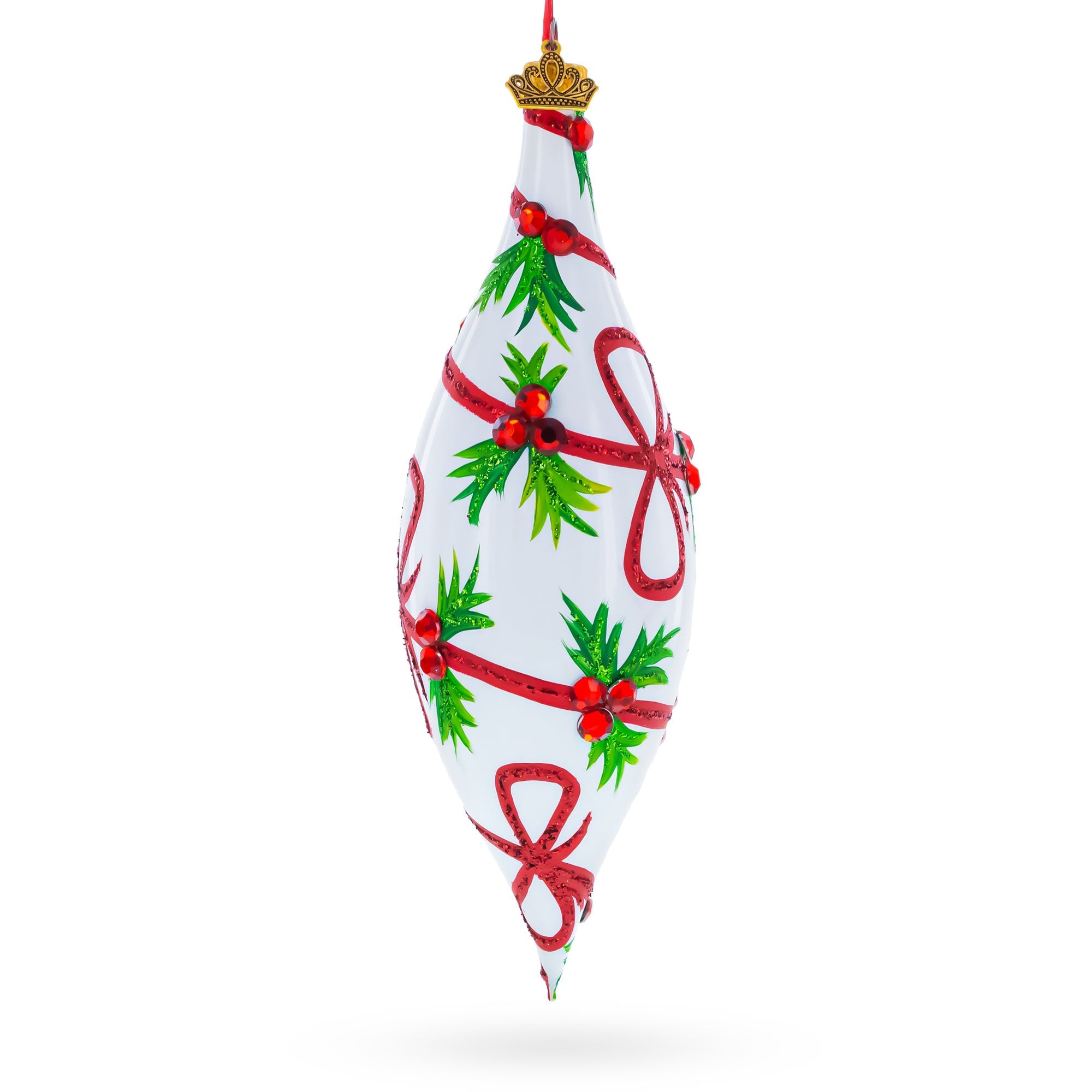 Holiday Ribbon on White Elongated Pointed Teardrop Finial Glass Christmas Ornament