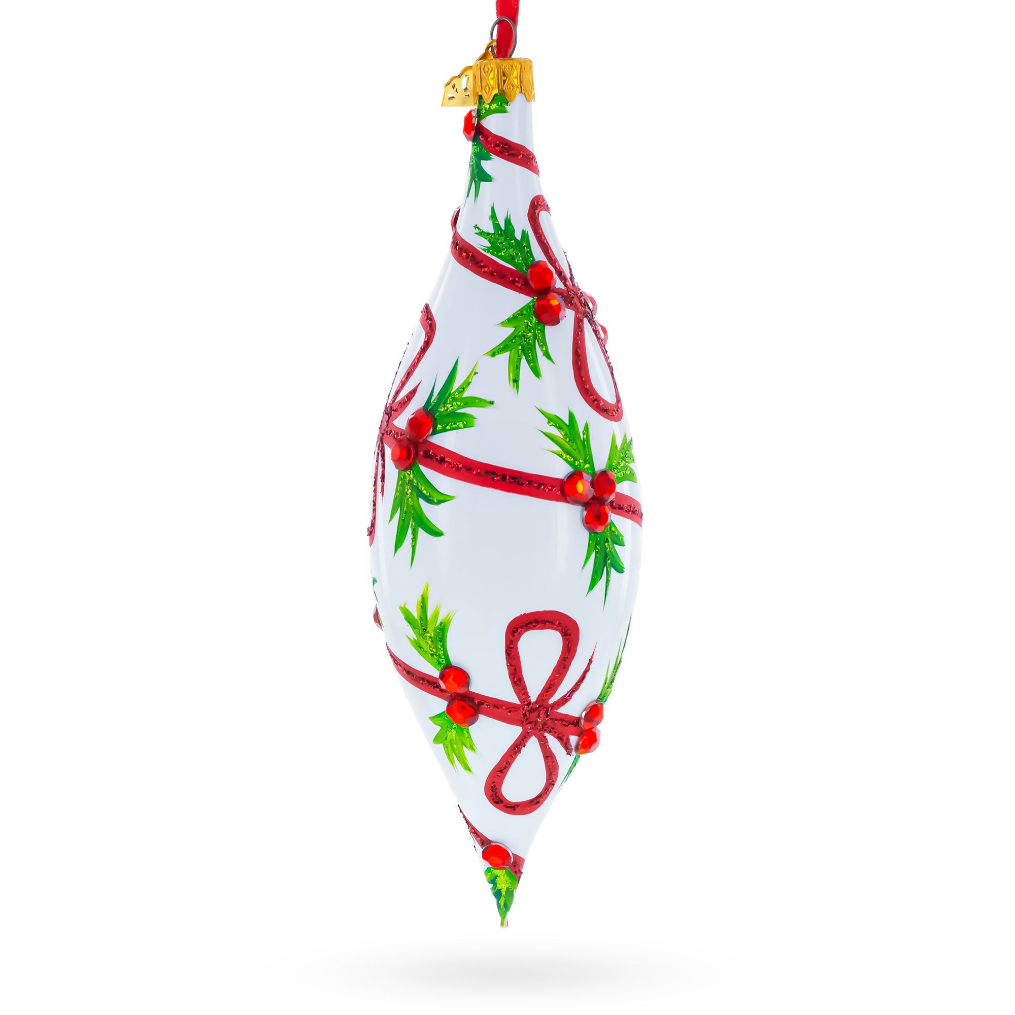 Holiday Ribbon on White Elongated Pointed Teardrop Finial Glass Christmas Ornament