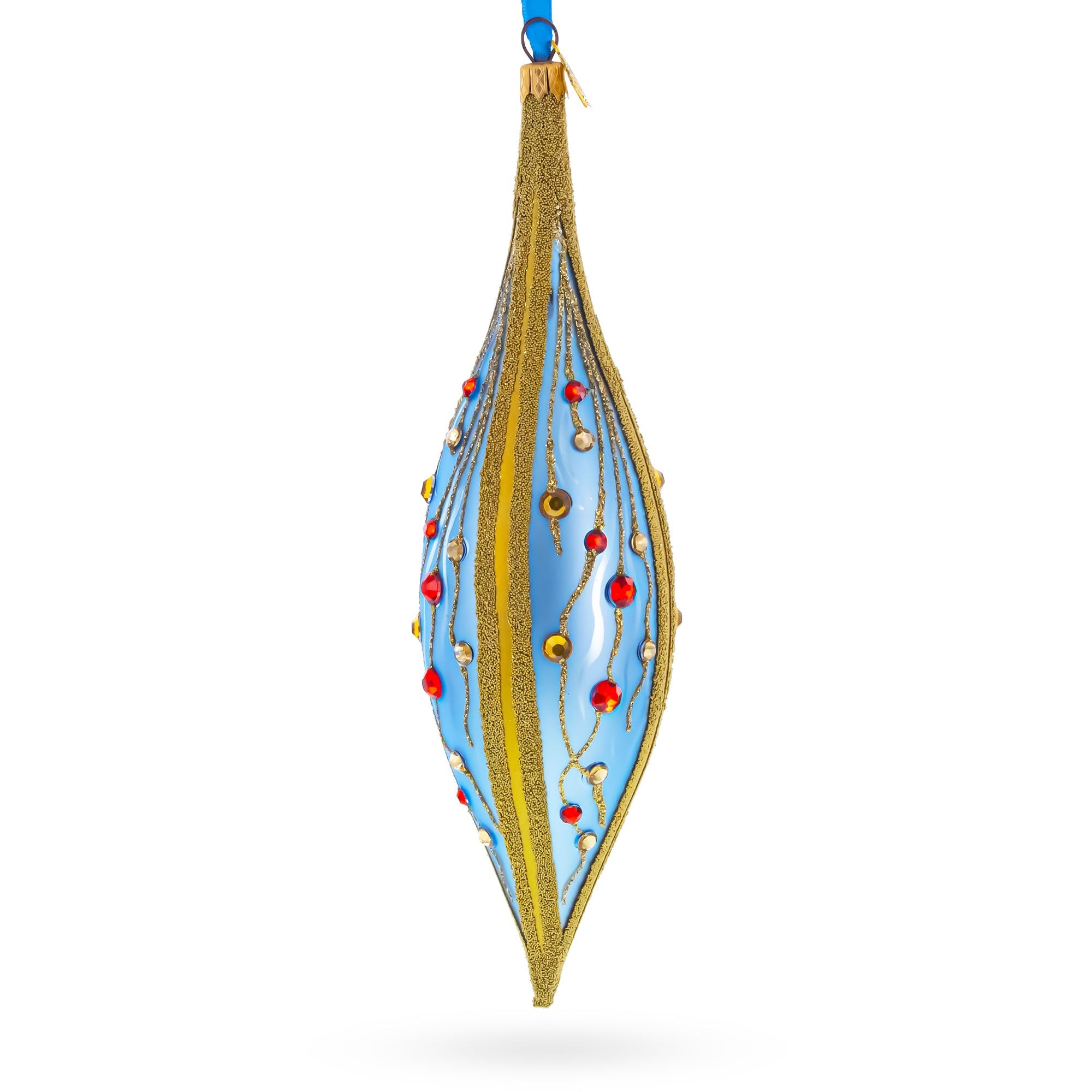 Blue and Gold Jeweled Vine Elongated Pointed Teardrop Finial Glass Christmas Ornament