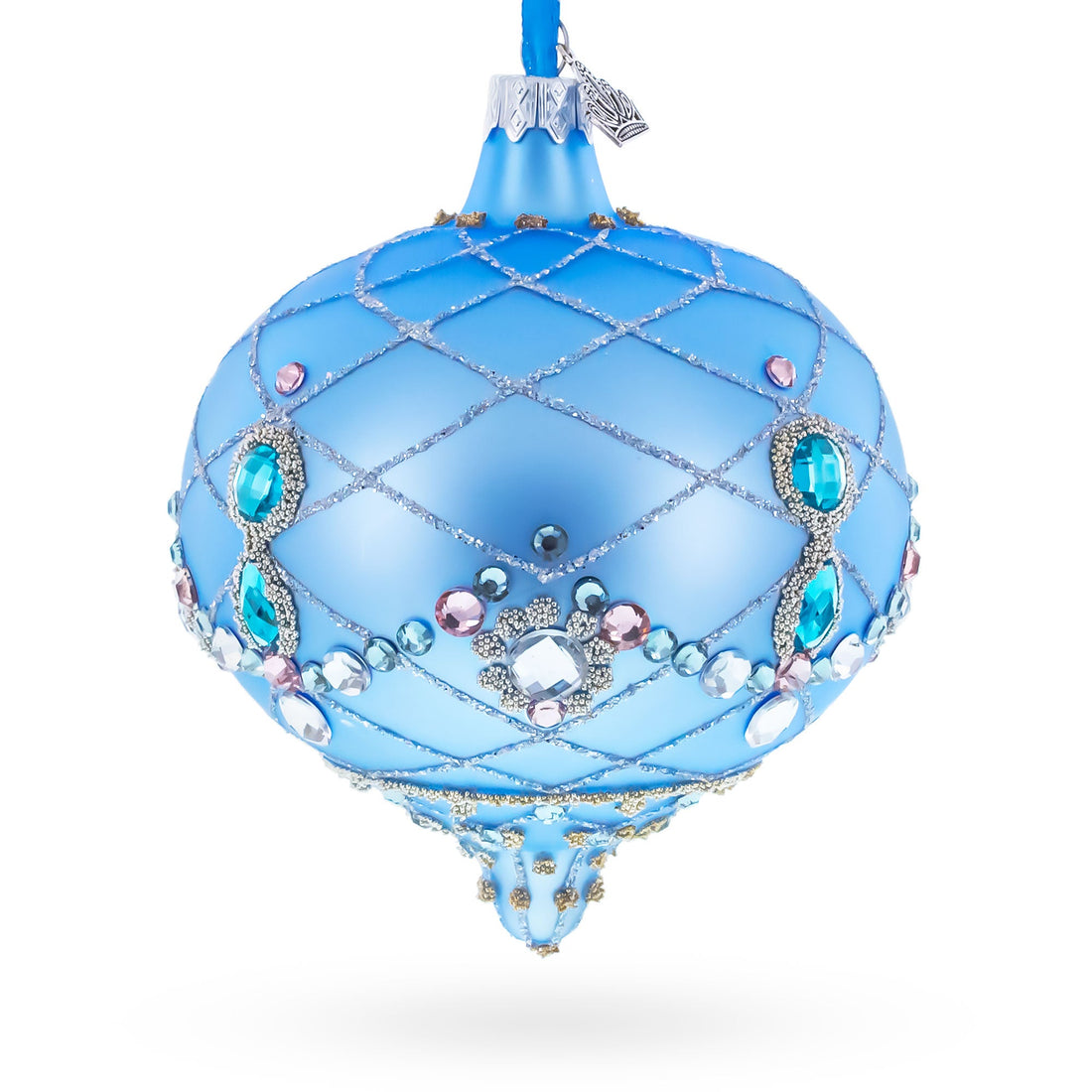 Blue Jeweled Lattice Diamond Onion-Shape Finial Glass Christmas Ornament