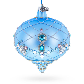 Blue Jeweled Lattice Diamond Onion-Shape Finial Glass Christmas Ornament