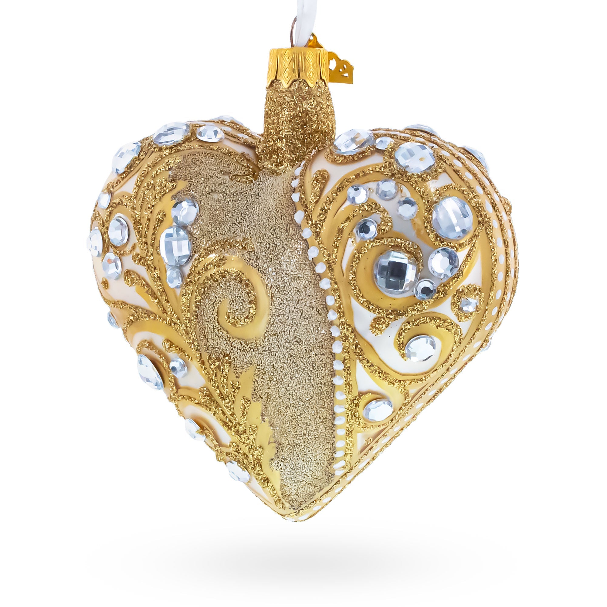Gold Jeweled Baroque Heart Glass Christmas Ornament