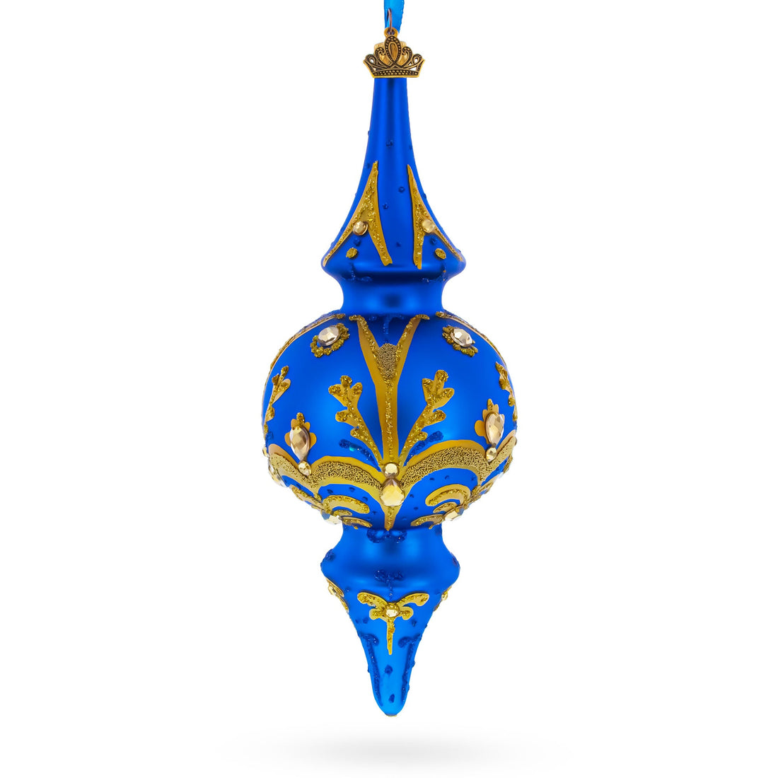 Jeweled Gold Scrollworks on Blue Double-Ended Finial Drop Glass Christmas Ornament