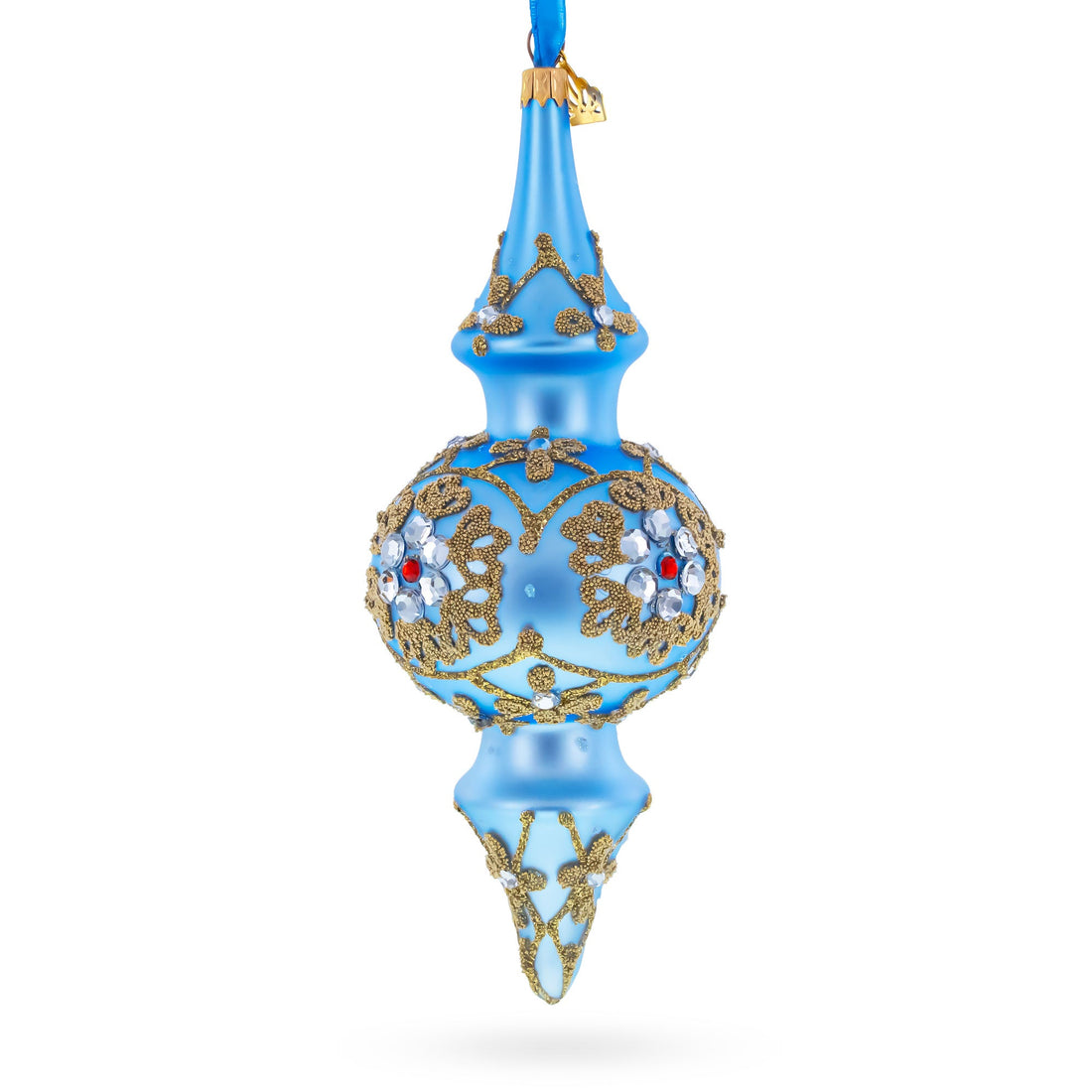 Royal Blue Jeweled Scroll Double-Ended Finial Drop Glass Christmas Ornament