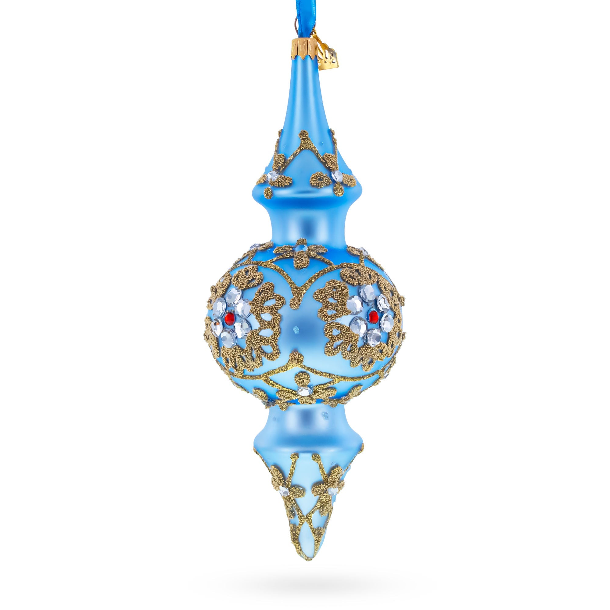 Royal Blue Jeweled Scroll Double-Ended Finial Drop Glass Christmas Ornament