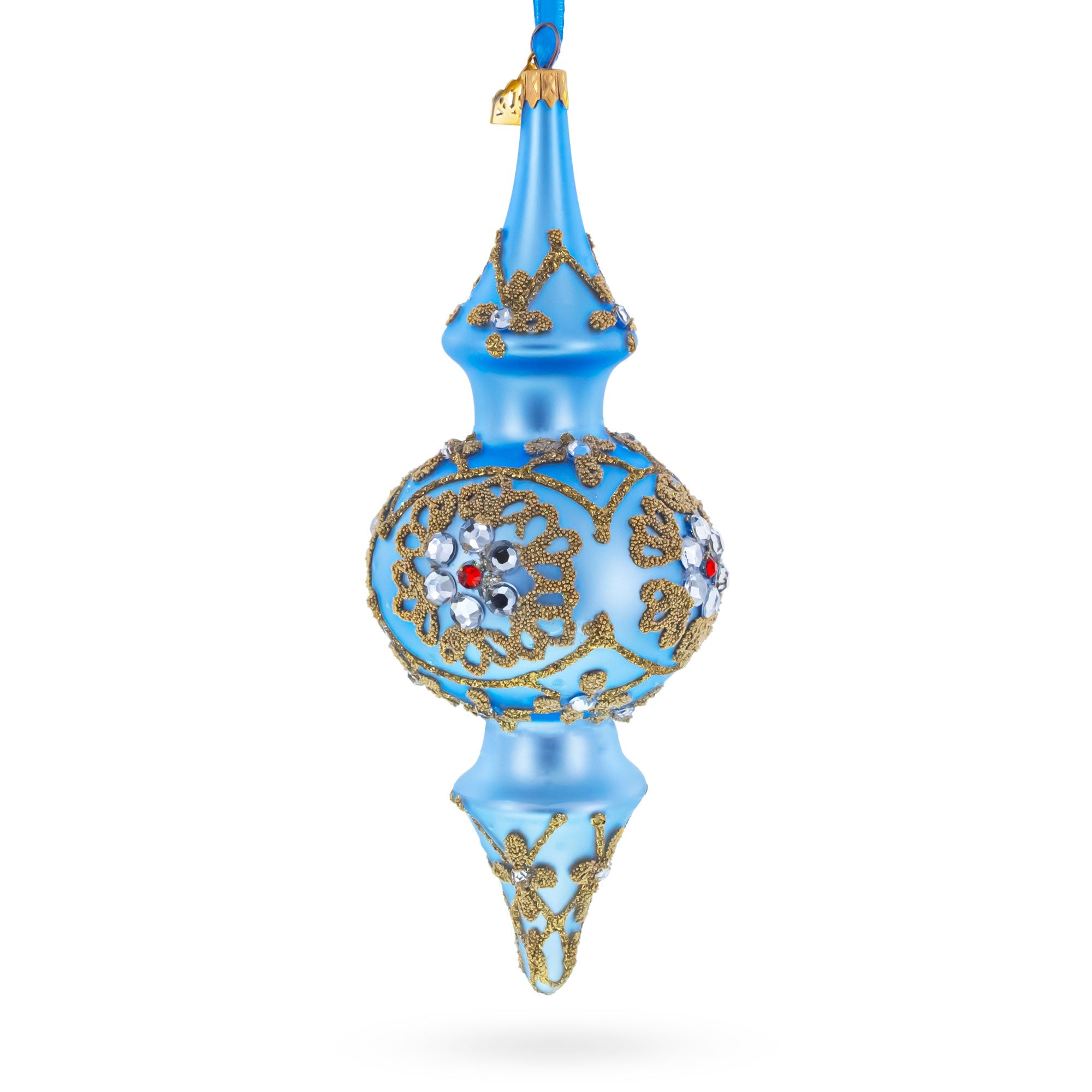 Royal Blue Jeweled Scroll Double-Ended Finial Drop Glass Christmas Ornament