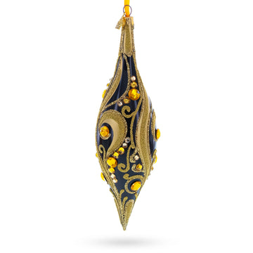 Black & Gold Jeweled Swirl Elongated Pointed Teardrop Finial Glass Christmas Ornament