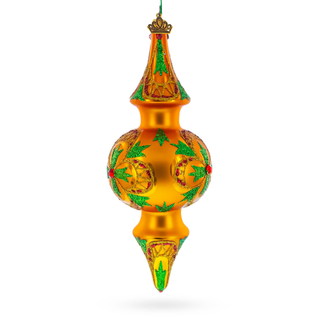 Golden Holly & Ivy Glitter Double-Ended Finial Drop Glass Christmas Ornament