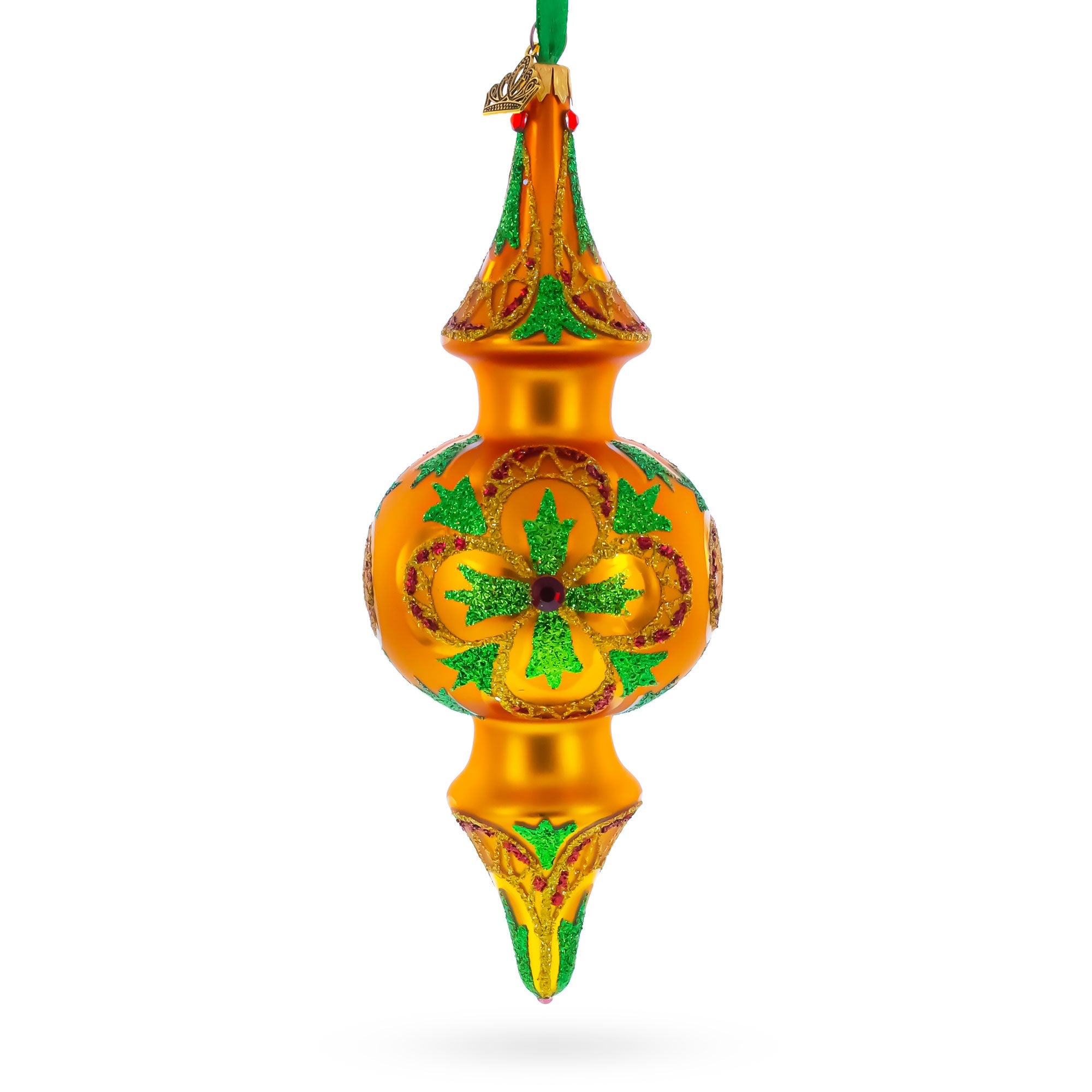 Golden Holly & Ivy Glitter Double-Ended Finial Drop Glass Christmas Ornament